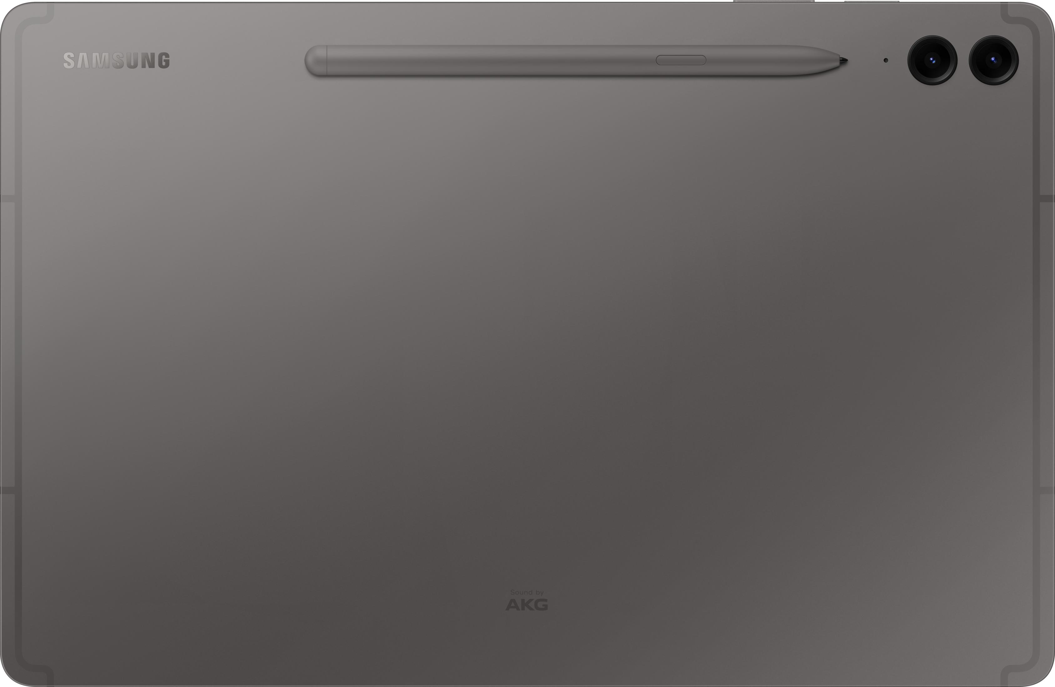 Espalda de tablet Samsung gris con lápiz, cámaras duales y logo AKG.