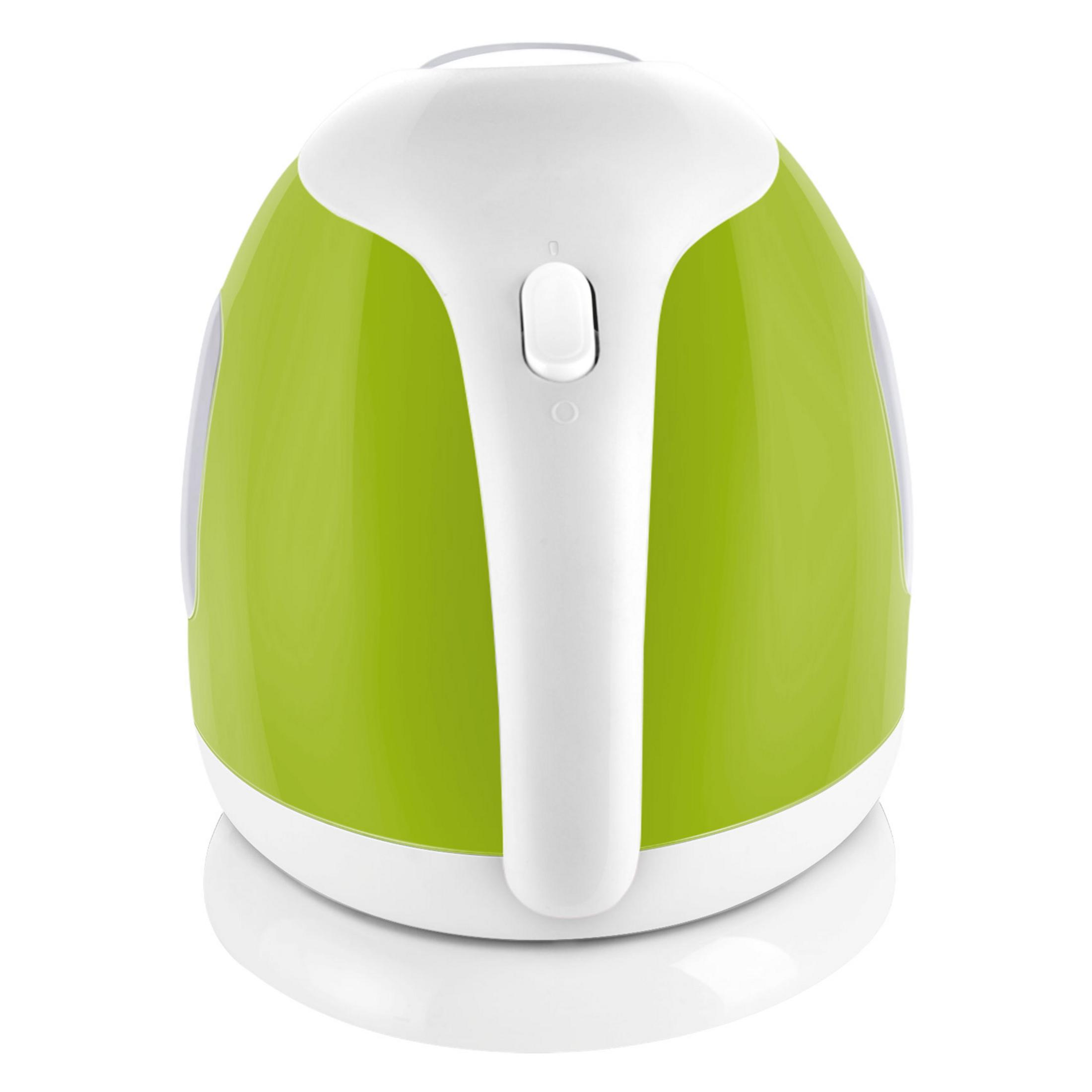 Jasnozielony czajnik z białym uchwytem i podstawą.