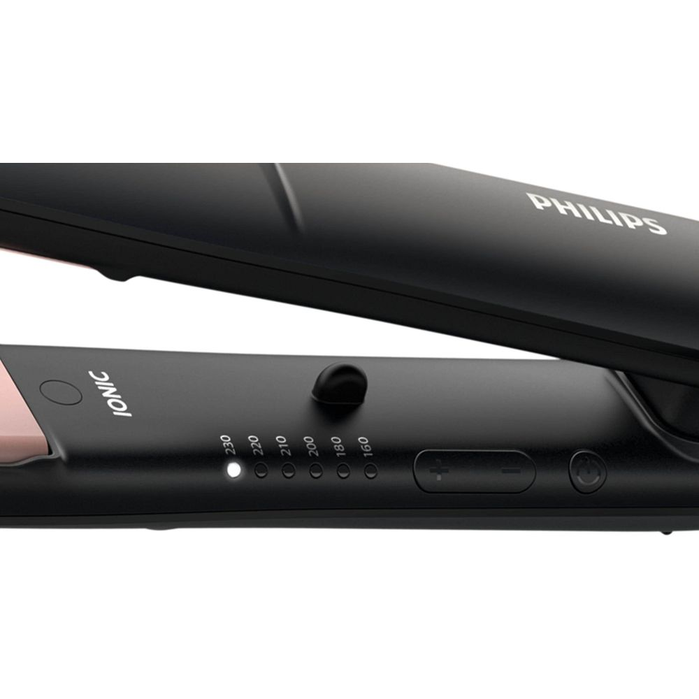 Czarna prostownica Philips z ustawieniami temperatury 160-230 stopni.