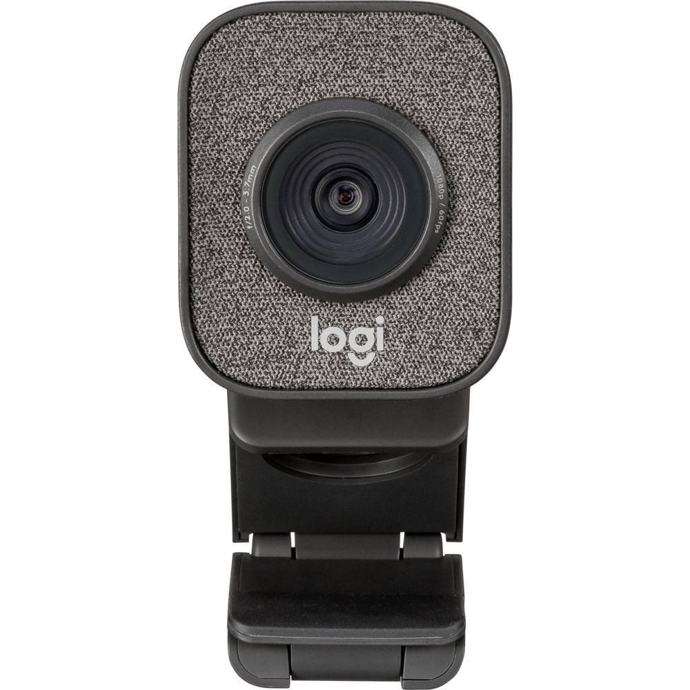 Szara kamera internetowa z logo Logi i czarnym klipsem.