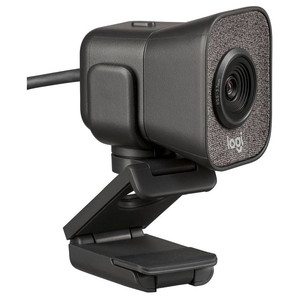 Czarna kamera internetowa Logitech z materiałowym przodem i regulowanym stojakiem.