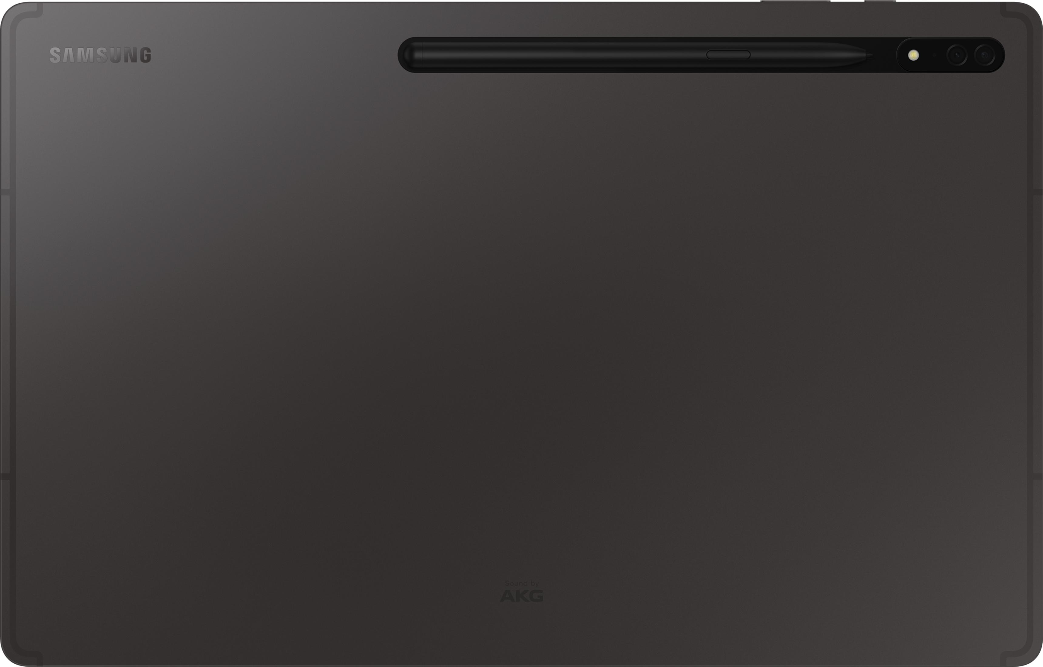Dunkelgraues Samsung Tablet mit Stiftanschluss, zwei Kameras und AKG-Logo.