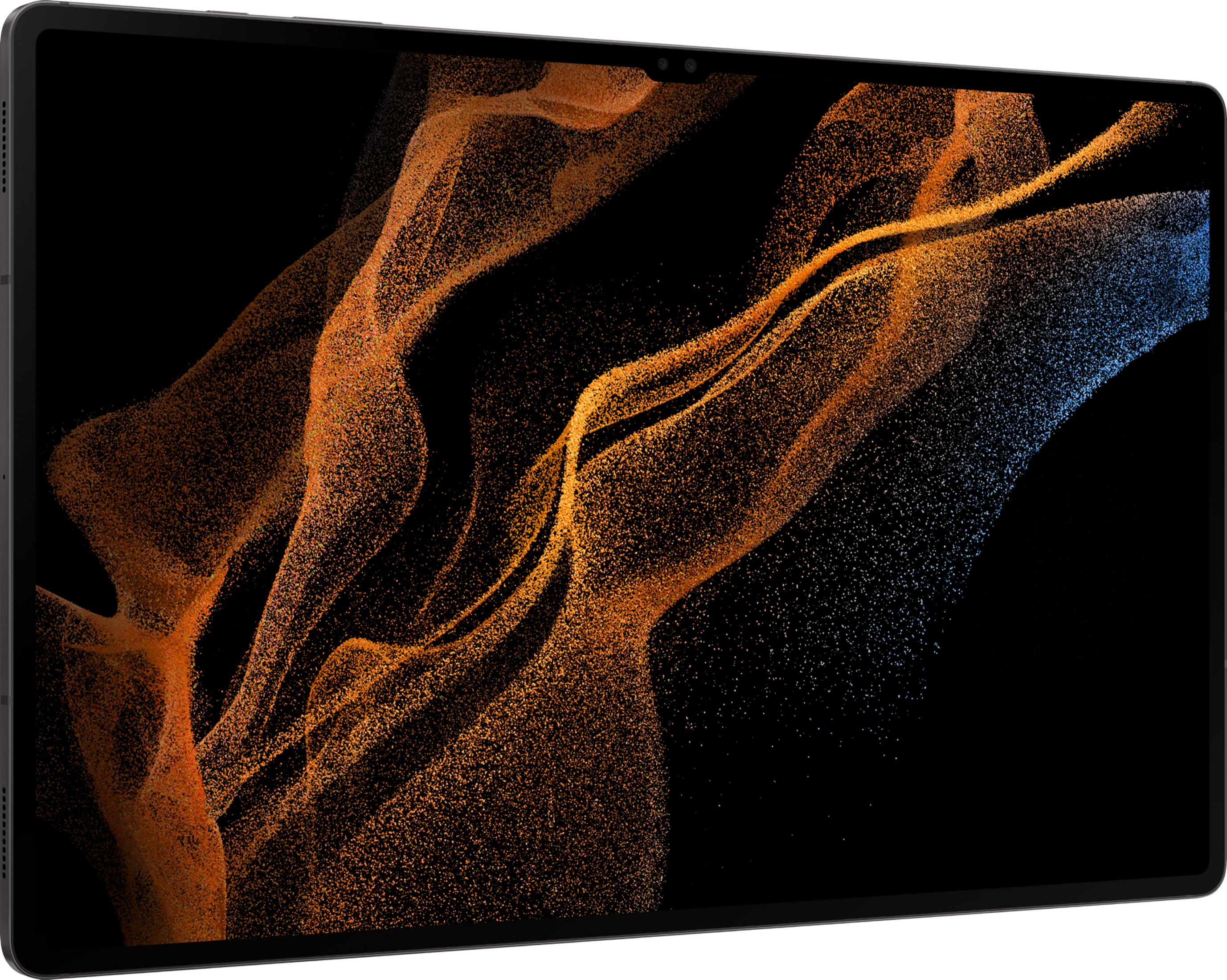 Ein schwarzer Tablet-Bildschirm zeigt eine dynamische, orangefarbene und blaue Partikelwelle.