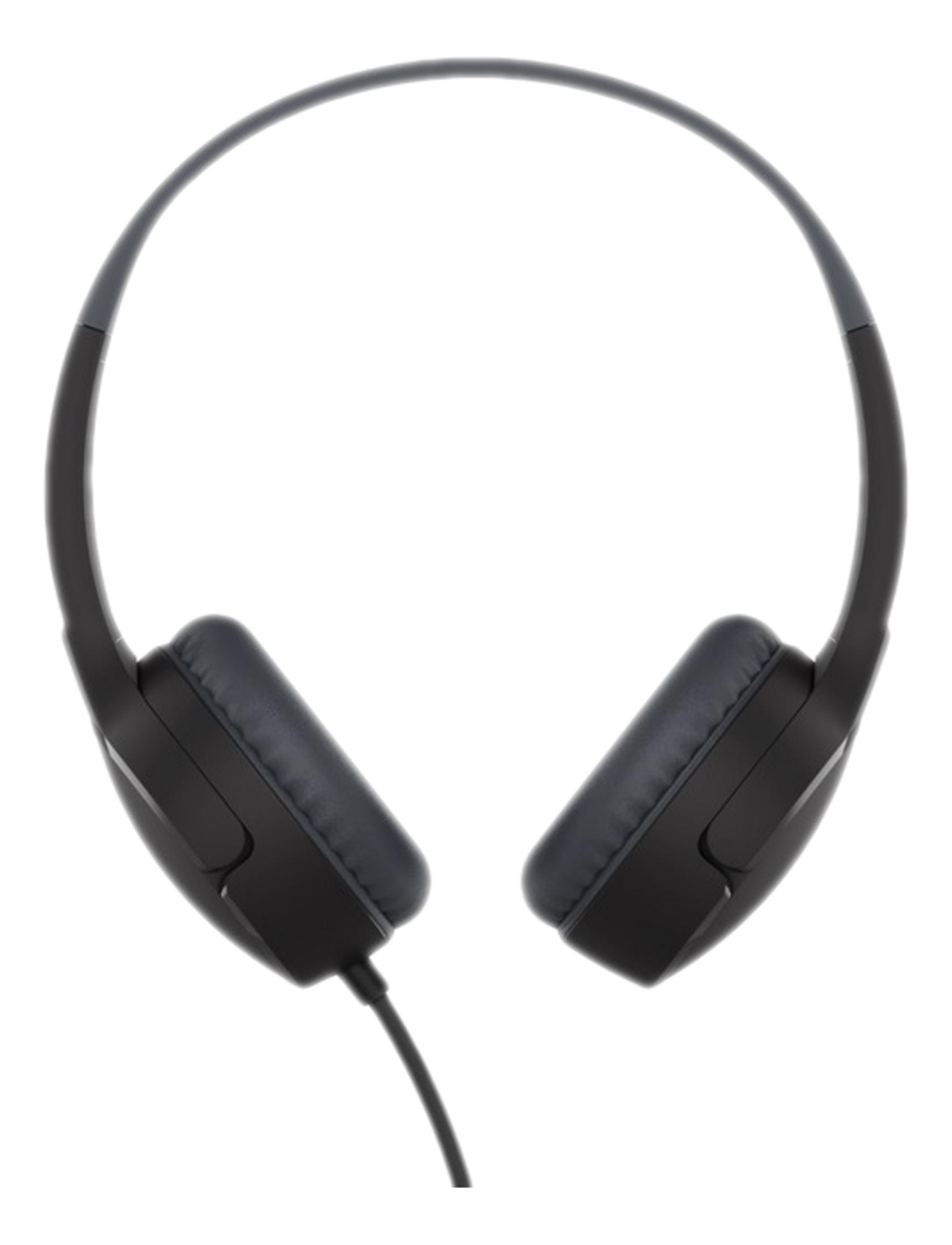 Czarne słuchawki z szarym pałąkiem i nausznikami, z kablem.