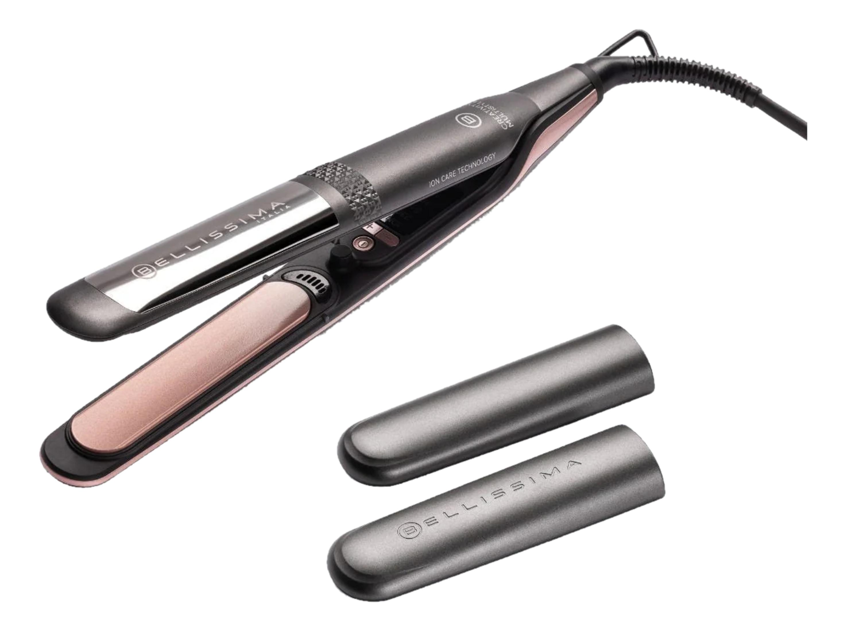 Szara prostownica z różowo-złotymi akcentami i dwiema osłonkami.