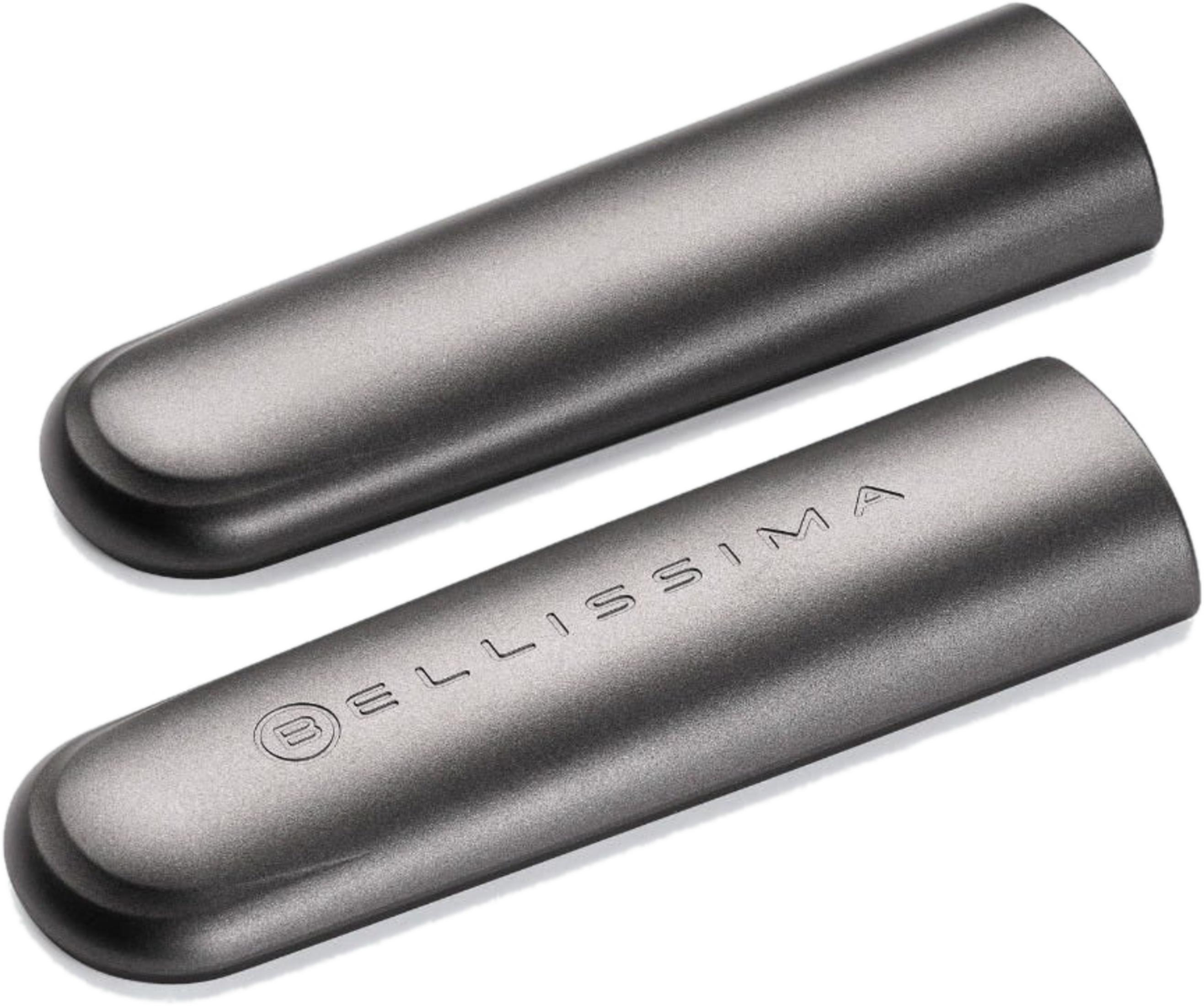 Dwa ciemne, cylindryczne kapturki z zaokrąglonymi końcami leżą obok siebie.