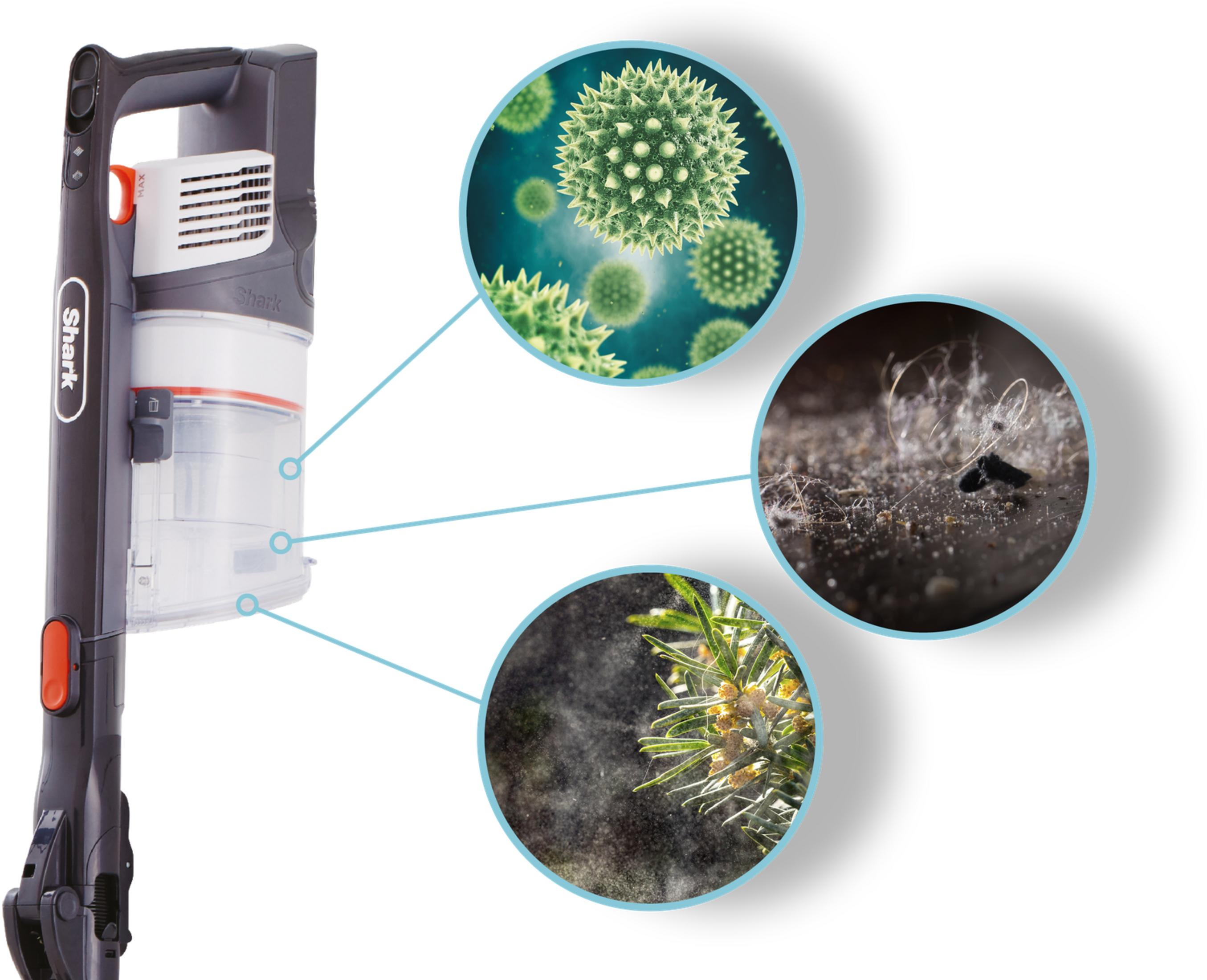 Una aspiradora con tres círculos: polen, polvo y materia vegetal.