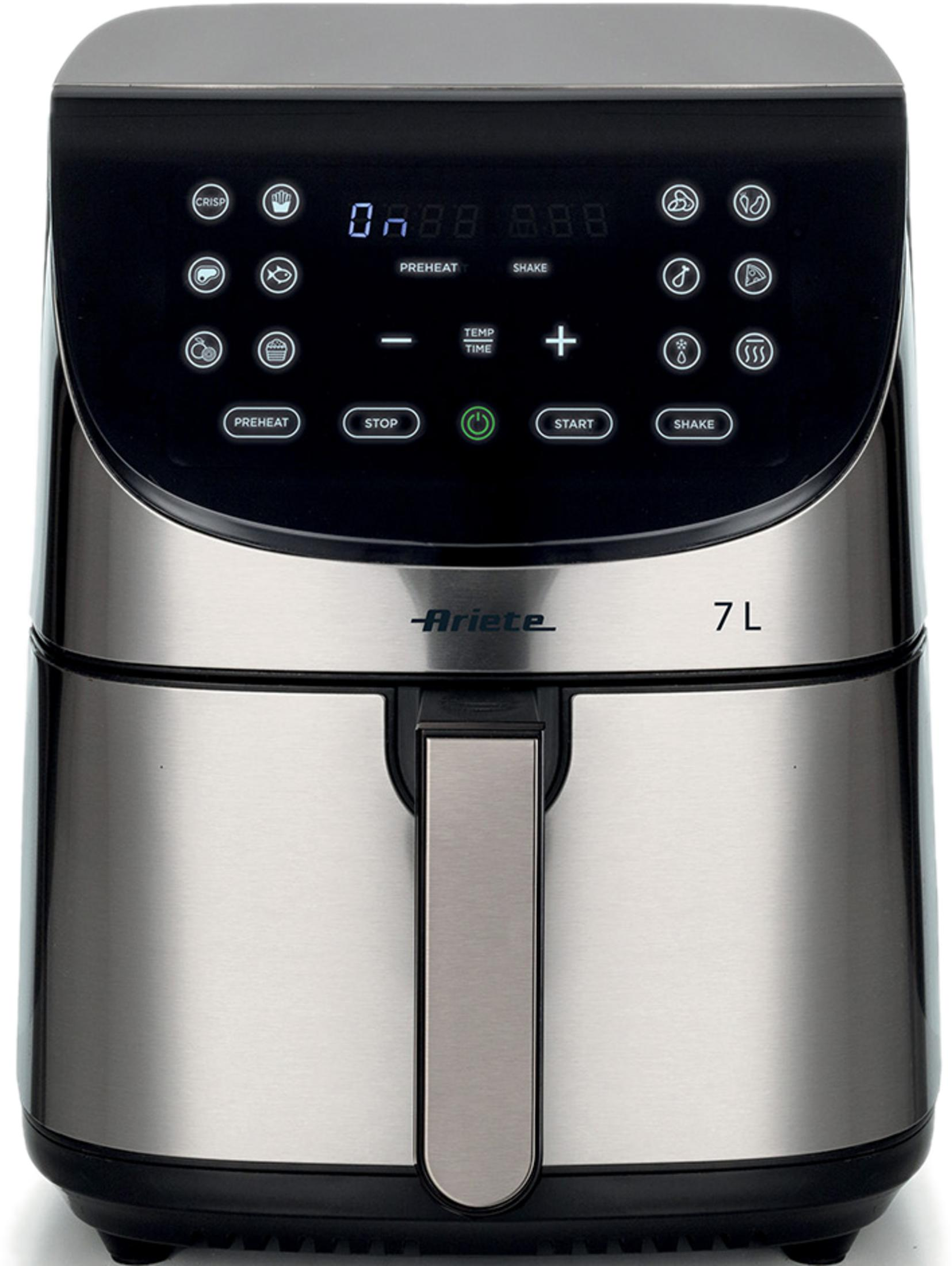 Roestvrijstalen airfryer met digitaal display en touch bediening.