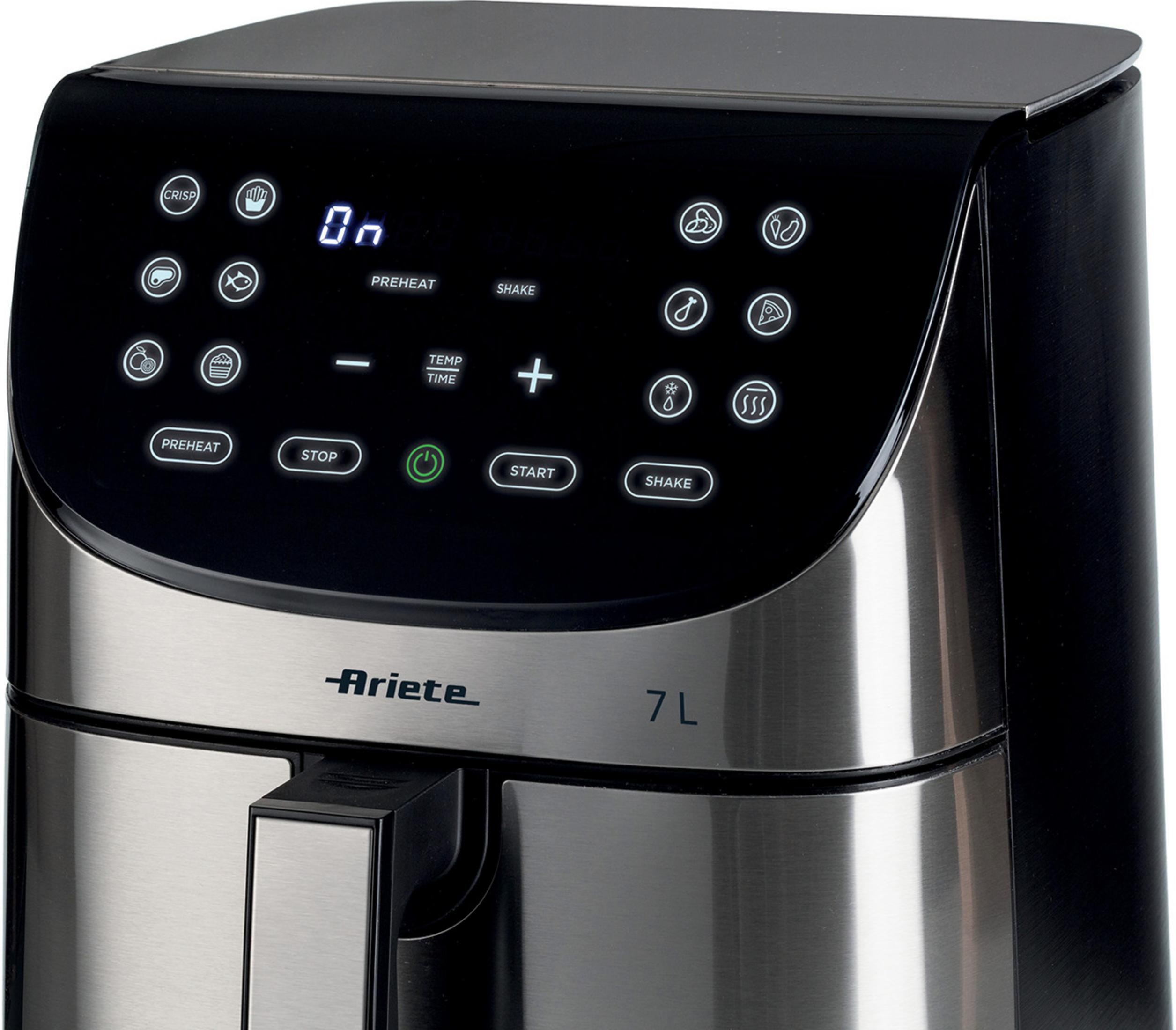 Een zilverkleurig en zwart bedieningspaneel voor airfryer met iconen.