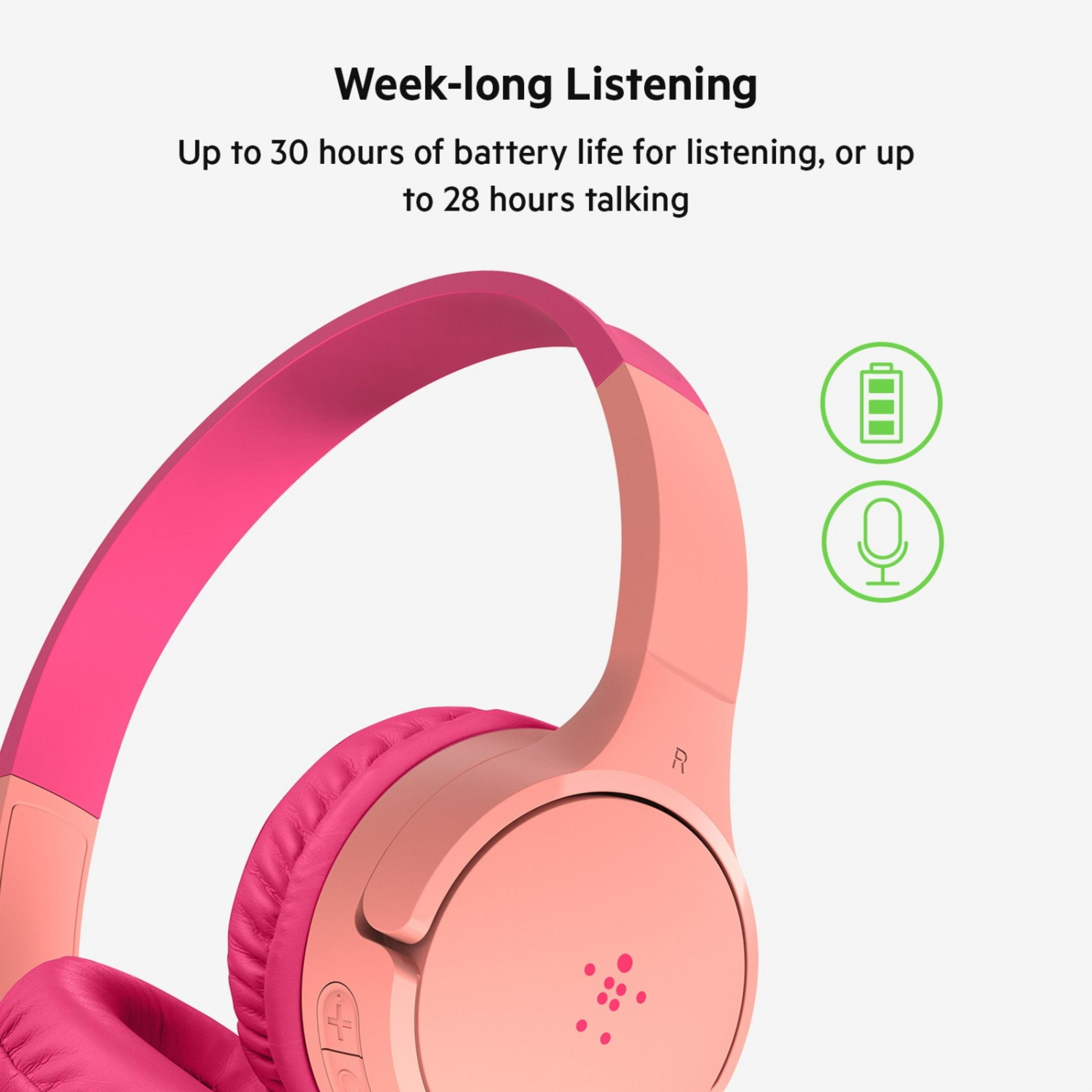 Cuffie rosa con icone di batteria e microfono.