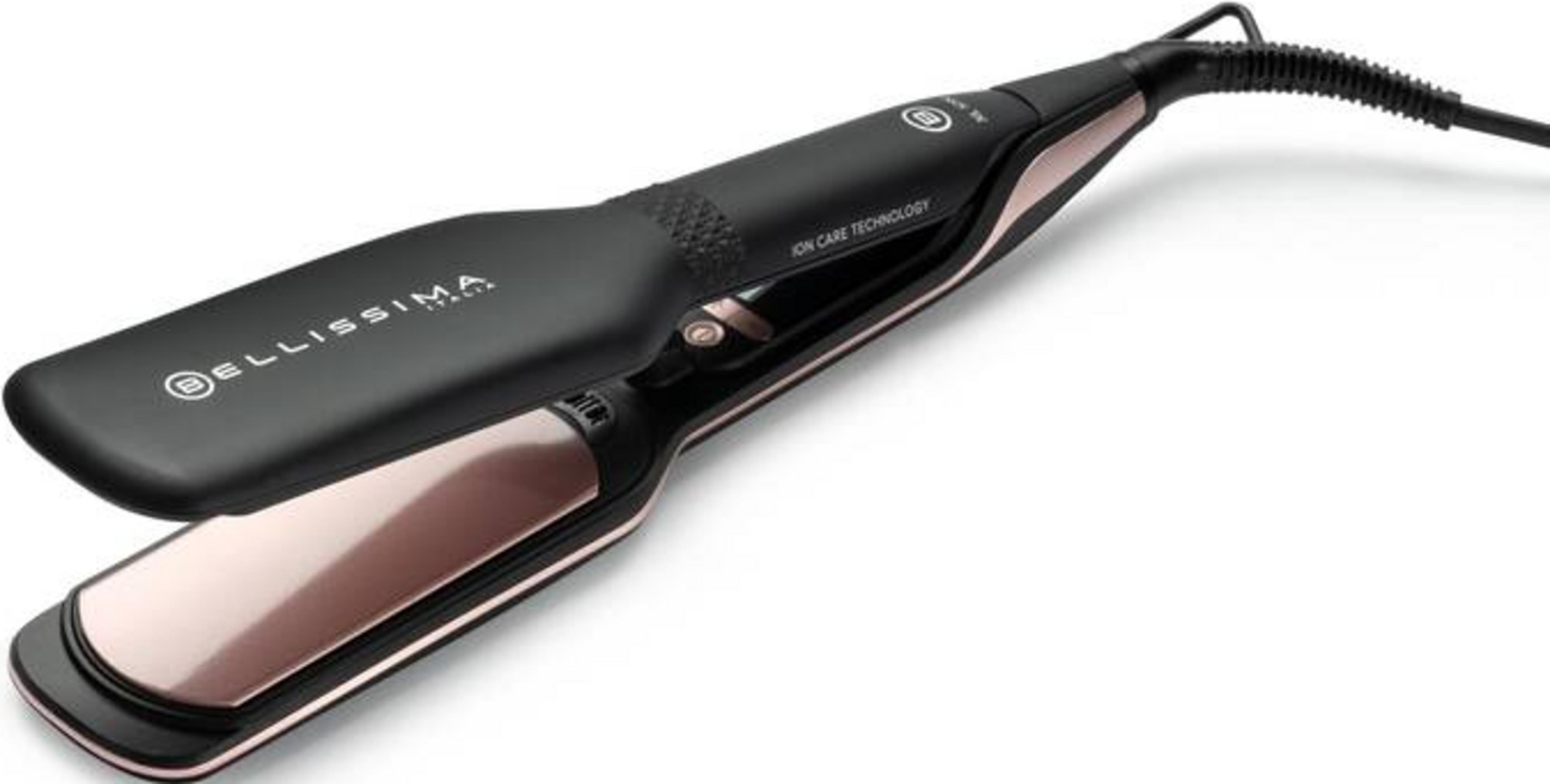 Czarno-różowo-złota prostownica z nazwą marki Bellissima.