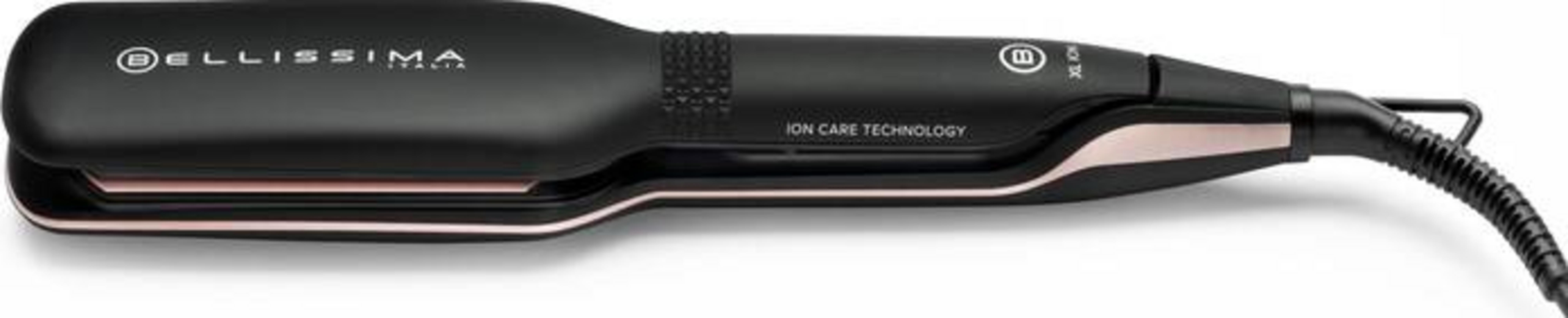 Czarna prostownica do włosów z różowo-złotymi akcentami i przewodem.