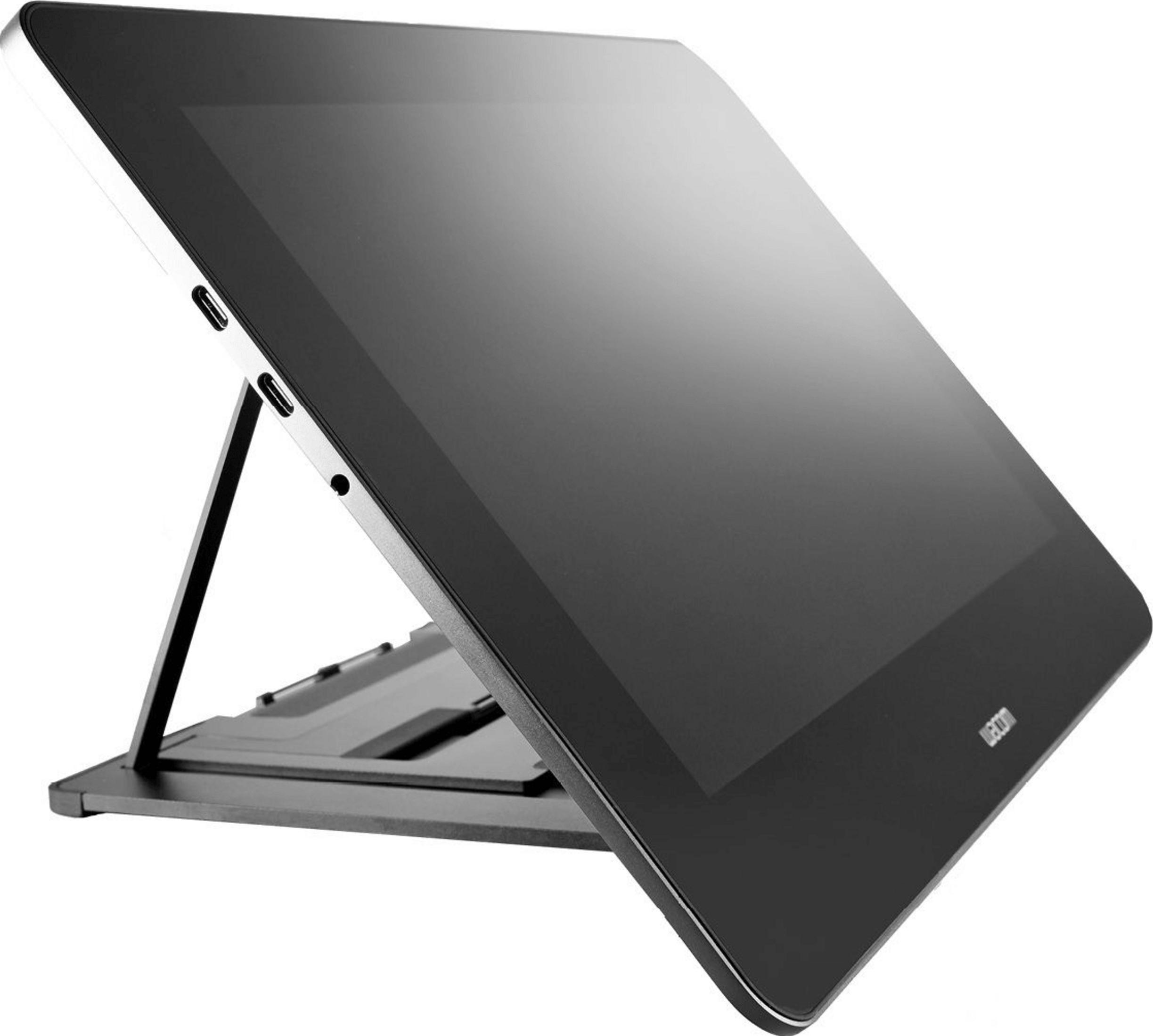 Schwarzer digitaler Stift-Display auf einem Ständer, mit USB-C-Anschluss.