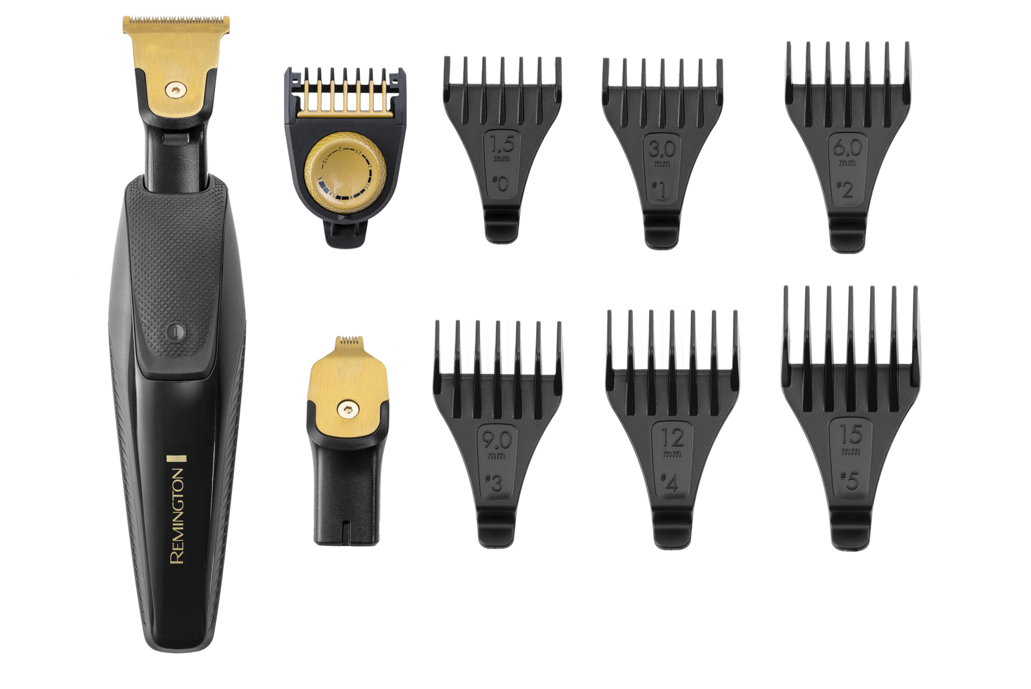 Czarna maszynka Remington ze złotą nasadką i pięcioma grzebieniami.