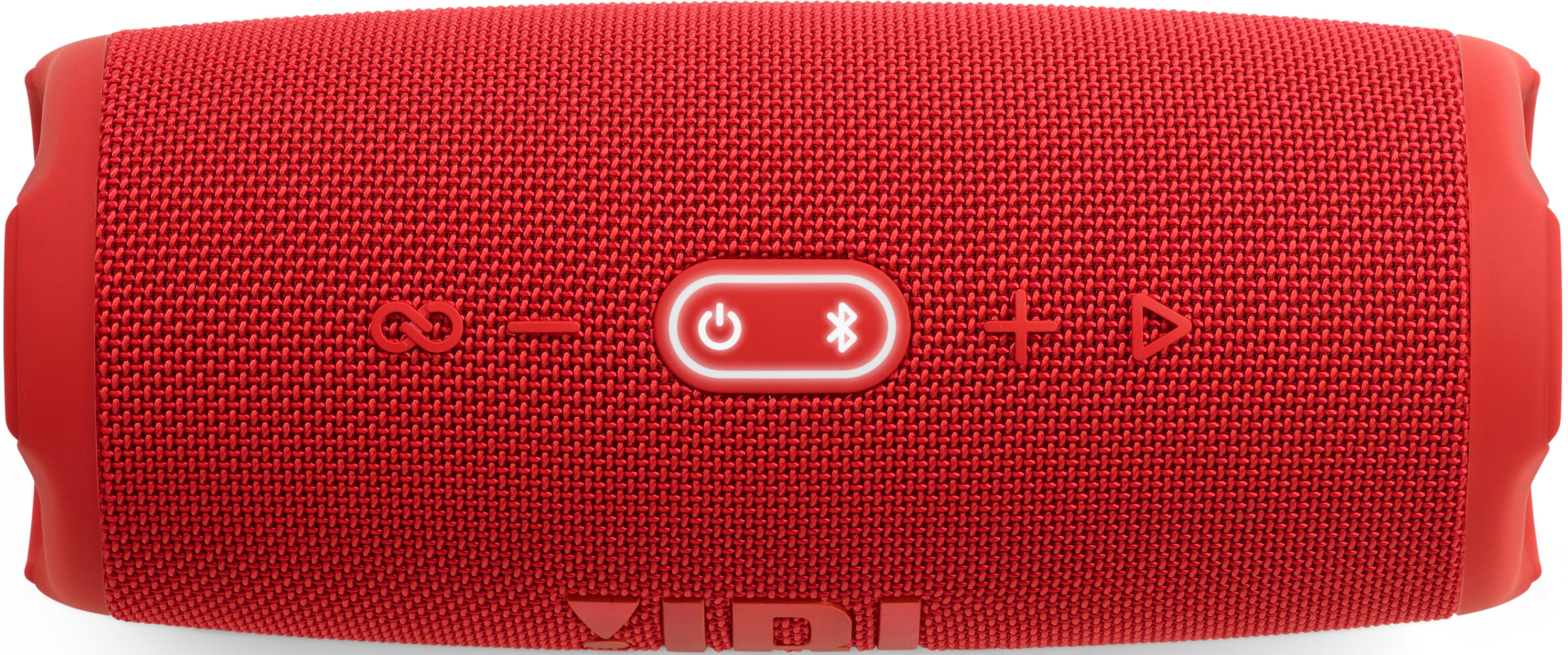 Czerwony głośnik z kontrolkami: zasilanie, Bluetooth, głośność i odtwarzanie.