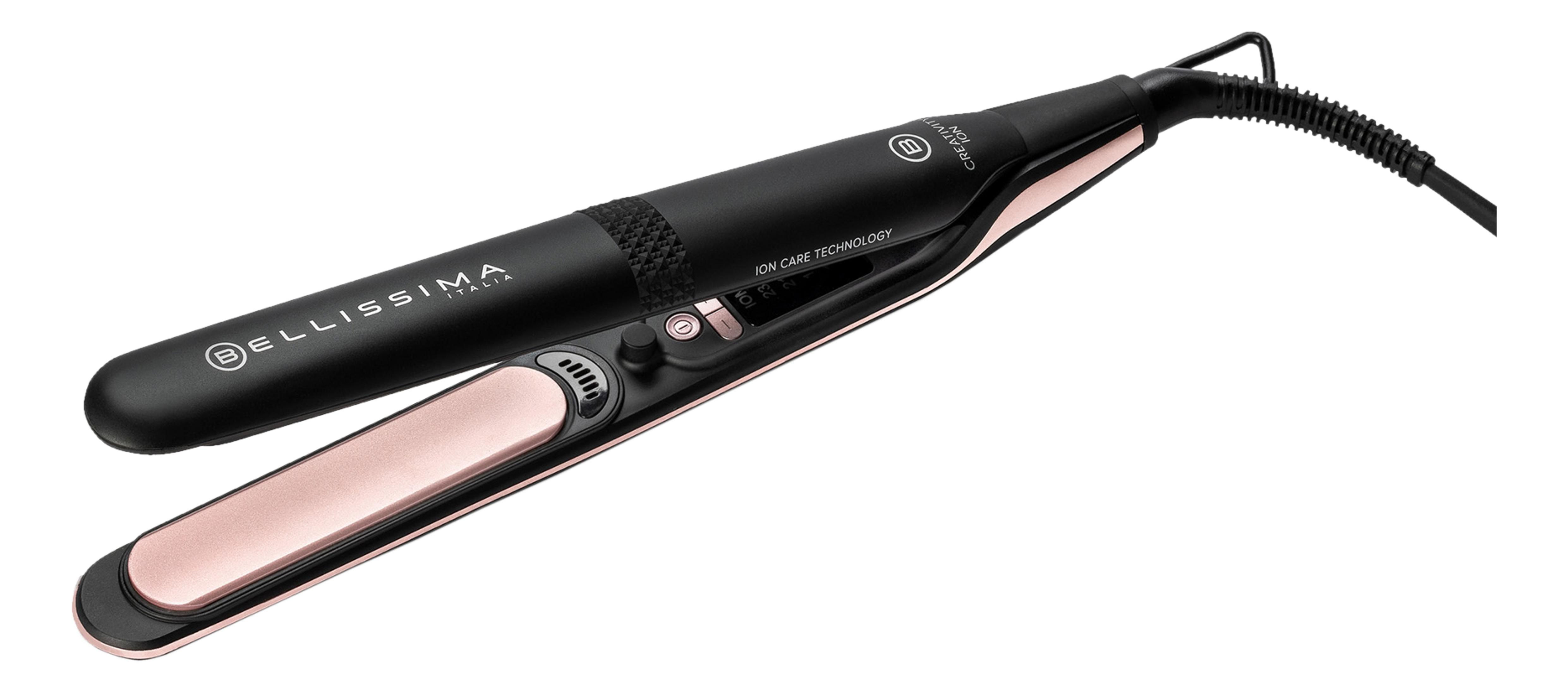 Czarna prostownica z różowo-złotymi akcentami, logo i cyfrowym wyświetlaczem.