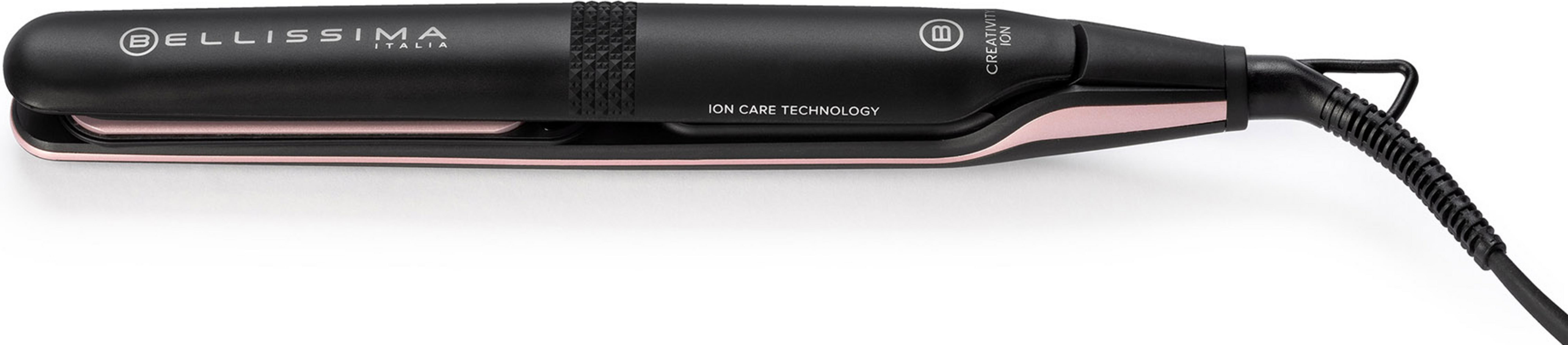 Czarna prostownica z różowo-złotymi akcentami i logo Bellissima Italia.