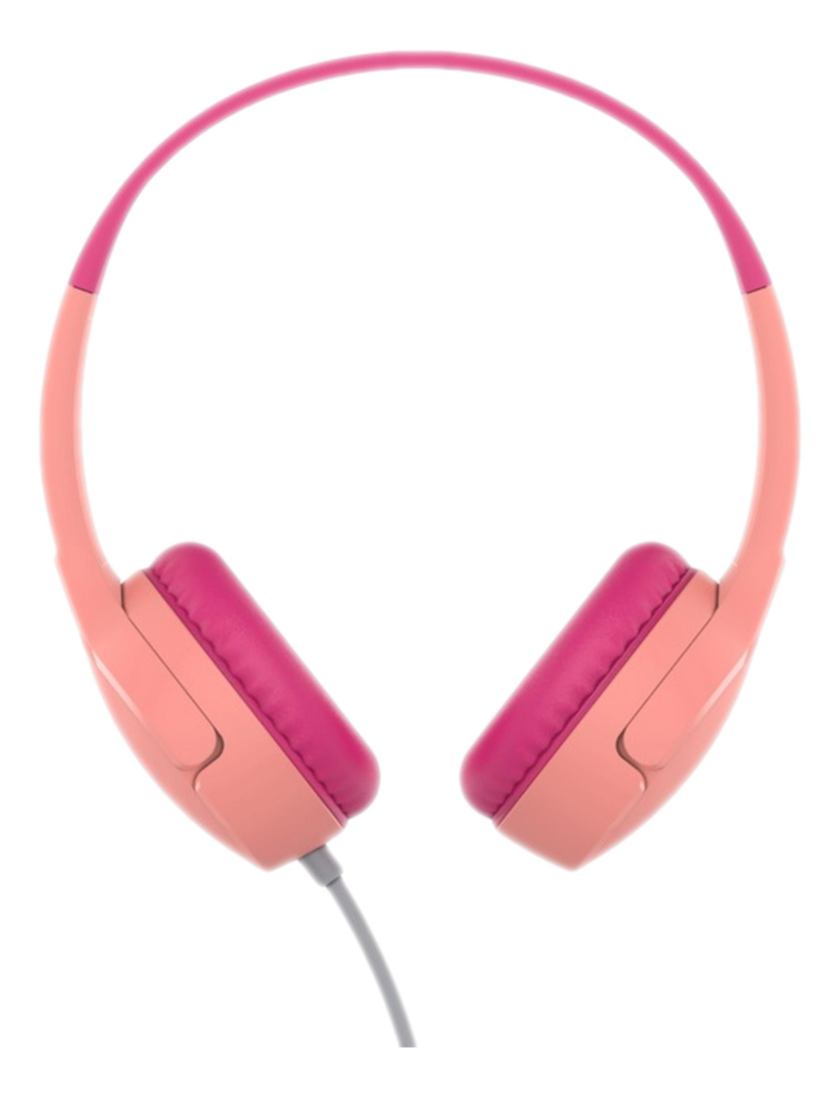 Różowo-koralowe słuchawki z szarym kablem.