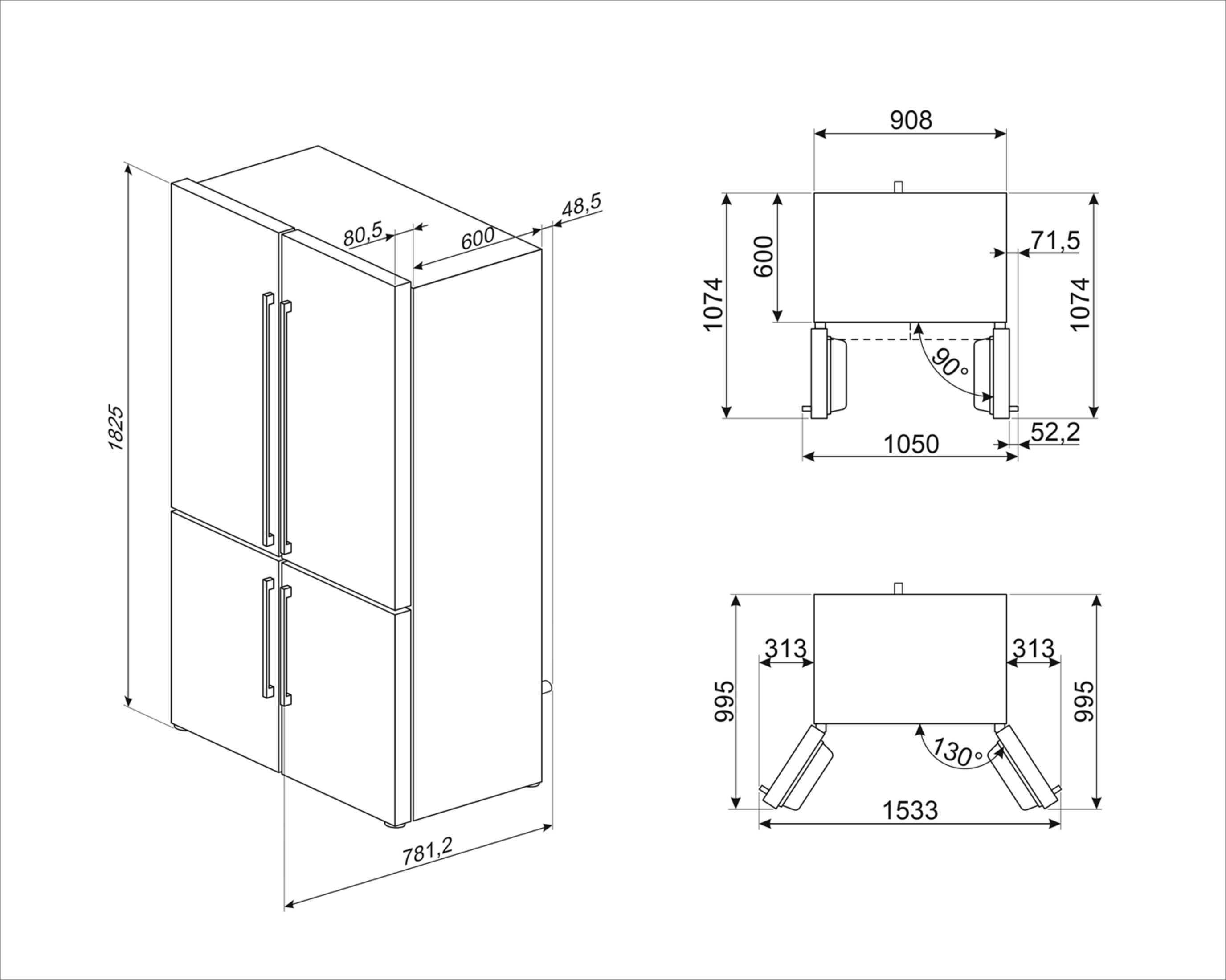 Technische tekening van een koelkast met afmetingen en hoeken.