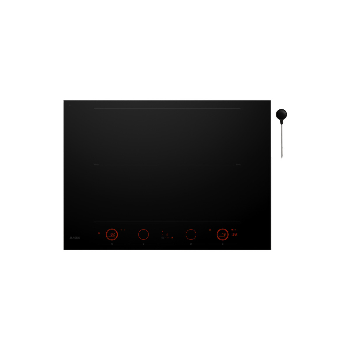 Placa de inducción negra con controles iluminados en rojo y pantallas digitales.
