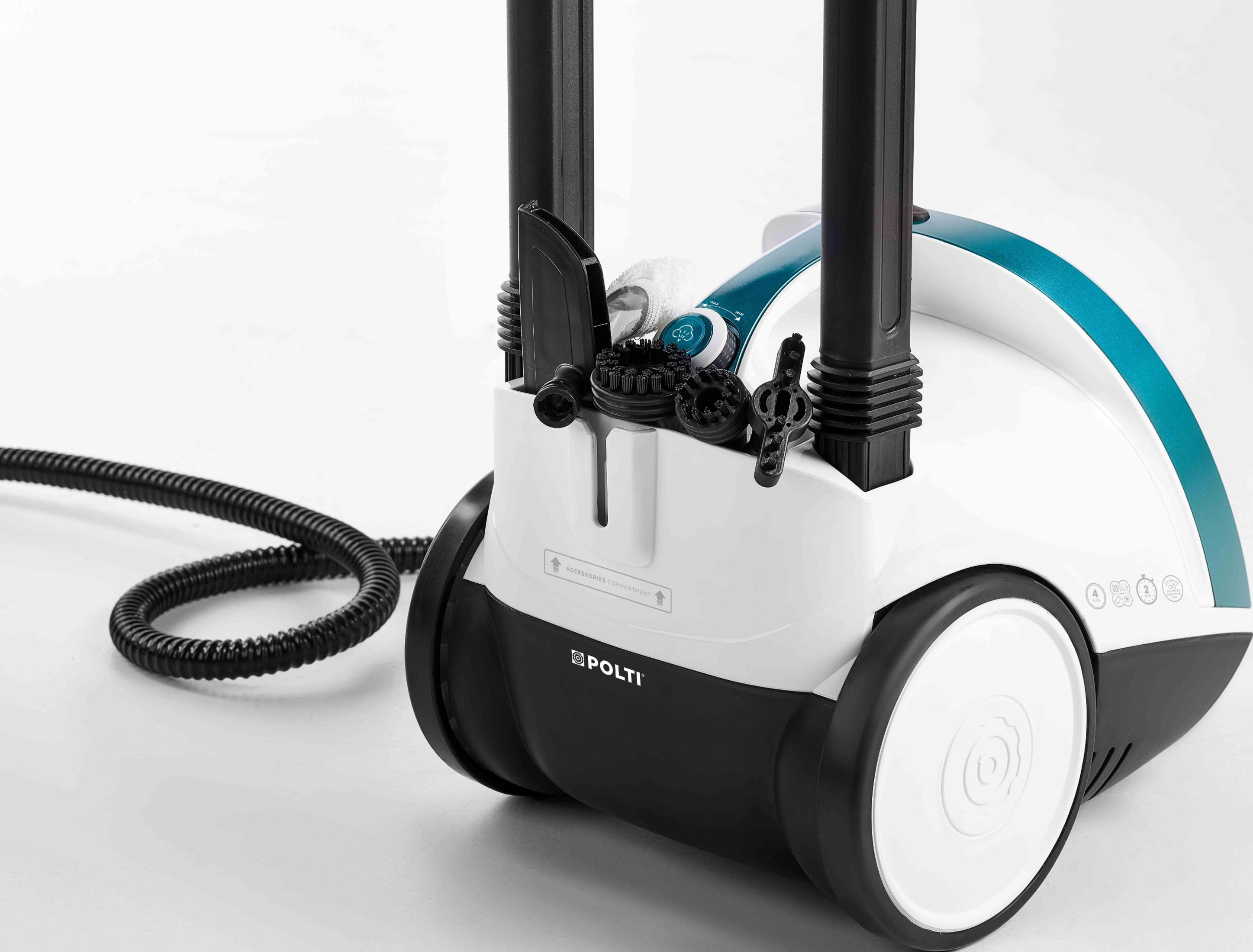 Biała parownica z czarnymi i turkusowymi akcentami i akcesoriami.