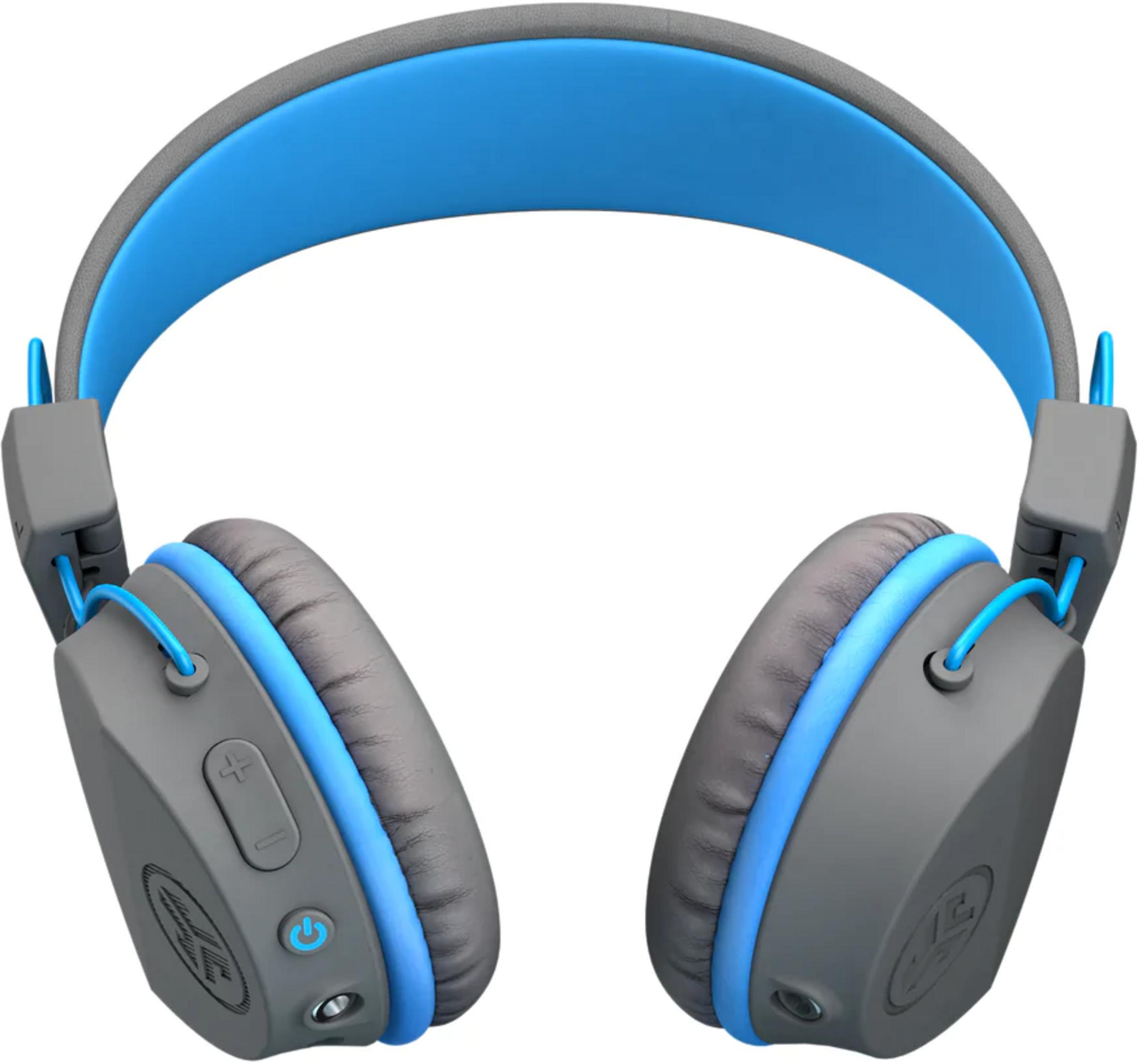 Szare słuchawki z niebieskimi akcentami i wyściółką.