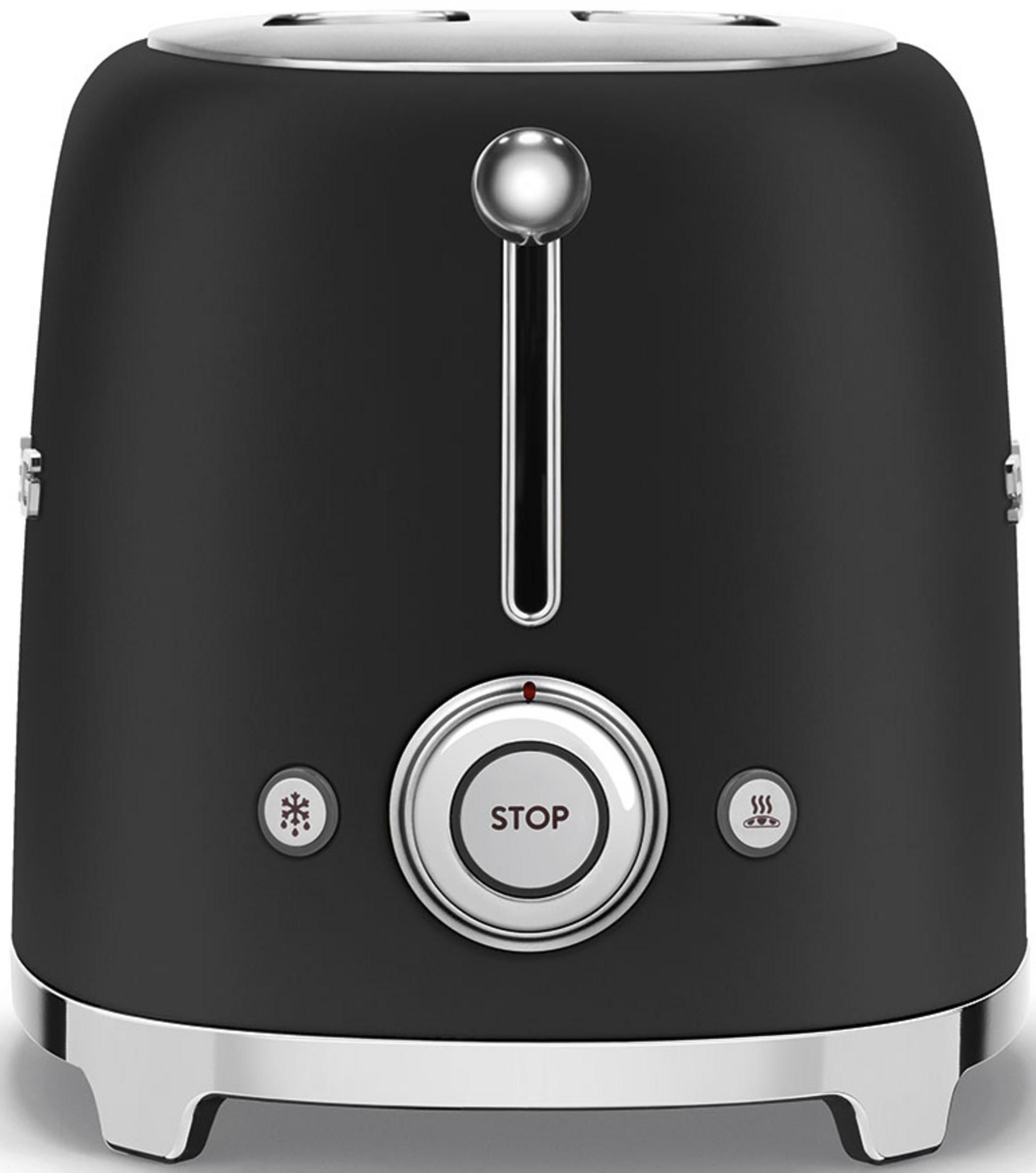 Czarny toster z srebrną dźwignią i przyciskiem stop.