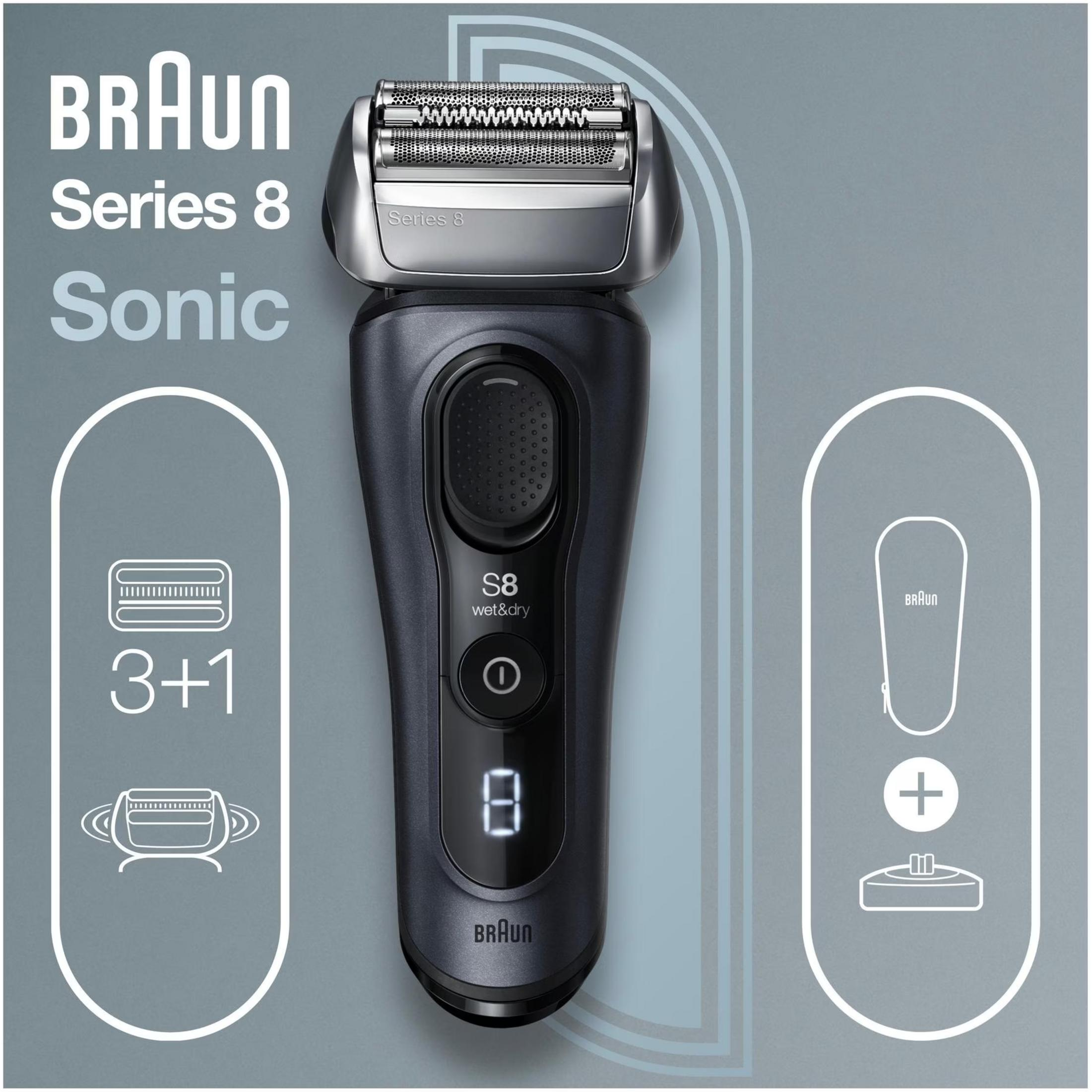 Una afeitadora eléctrica Braun Series 8 Sonic gris con pantalla e iconos.