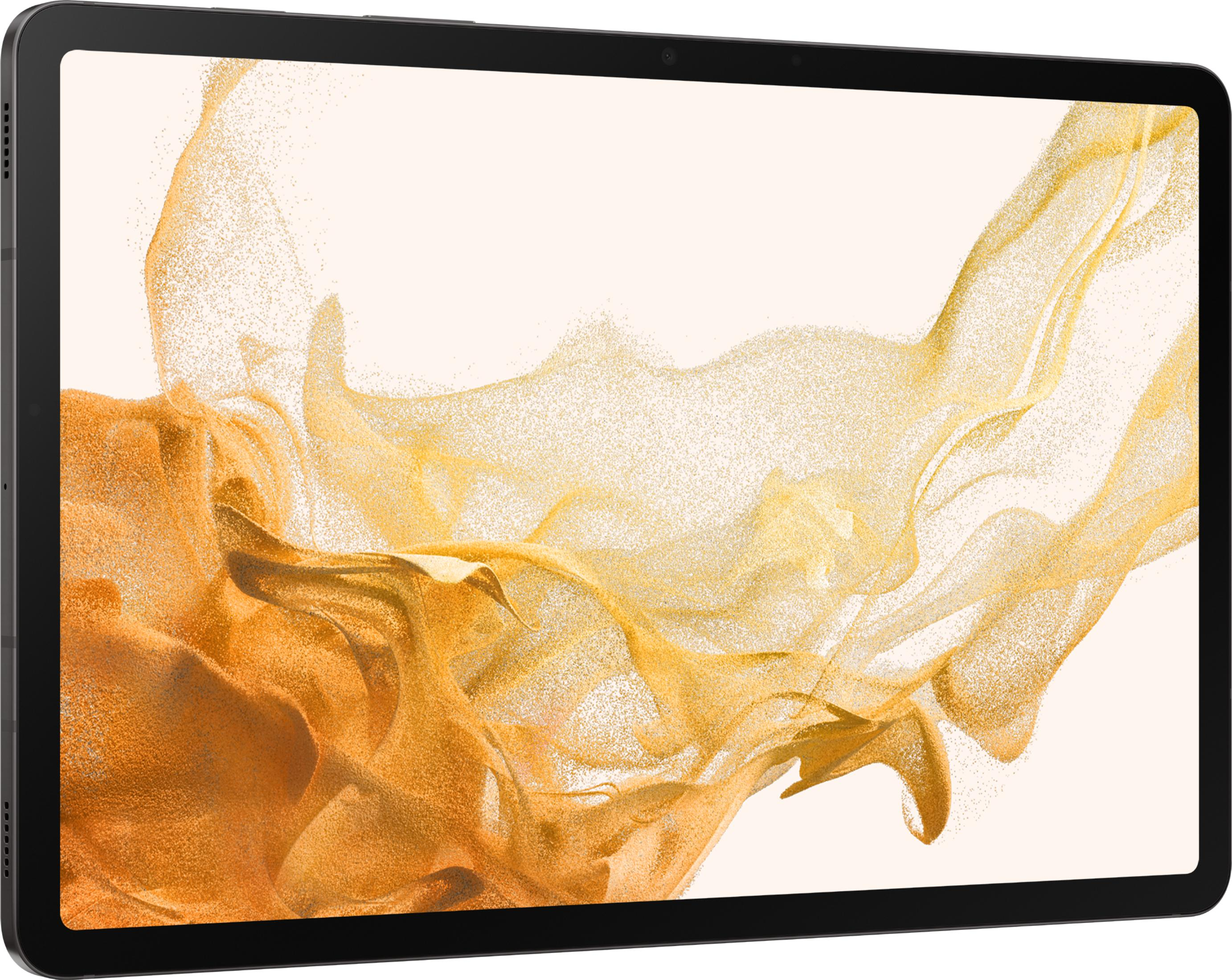 Ein schwarzes Tablet mit einem abstrakten, goldenen Wirbelmuster auf dem Bildschirm.