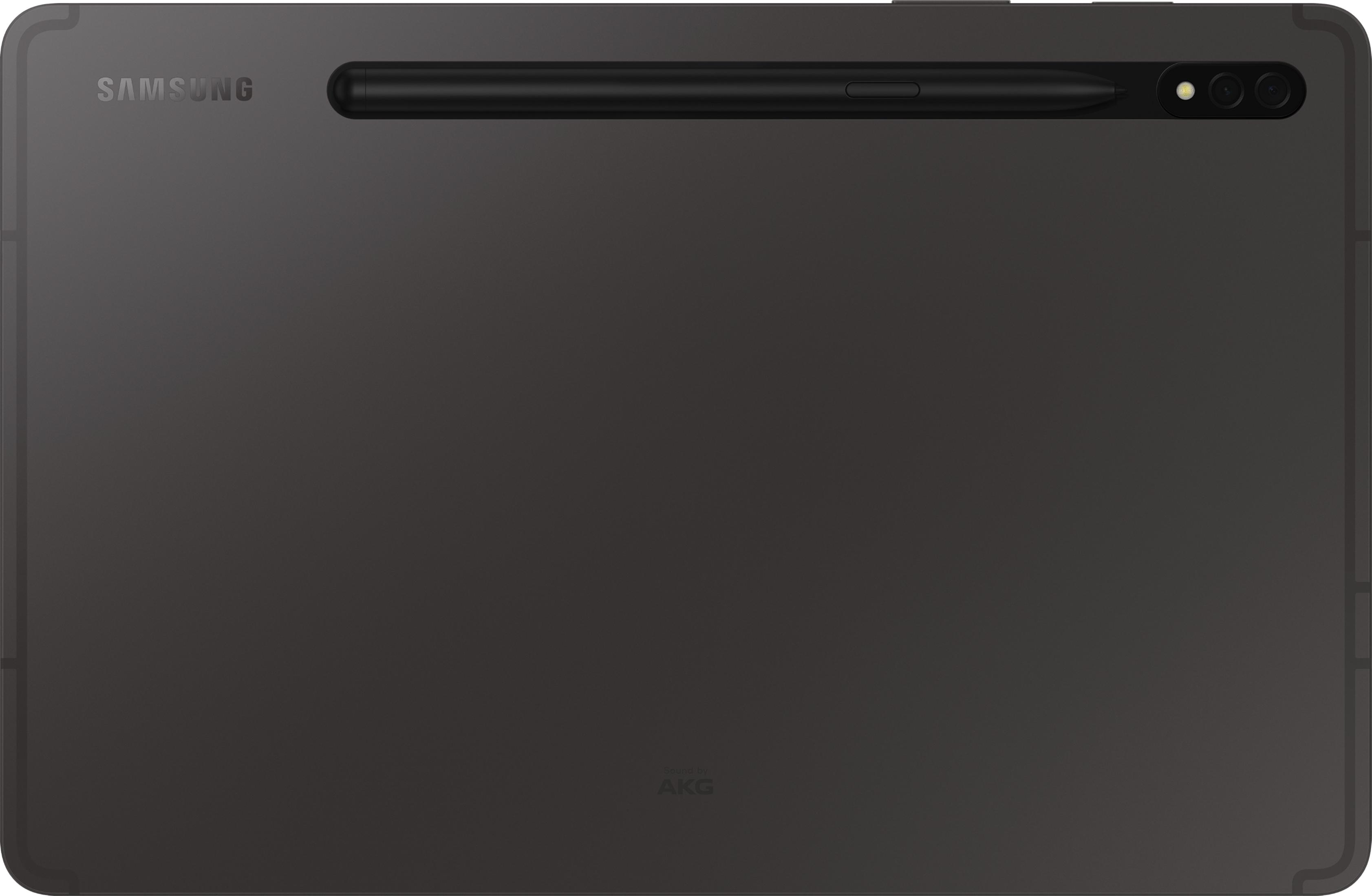 Donkergrijs Samsung tablet met stylus en twee camera's aan de achterkant.