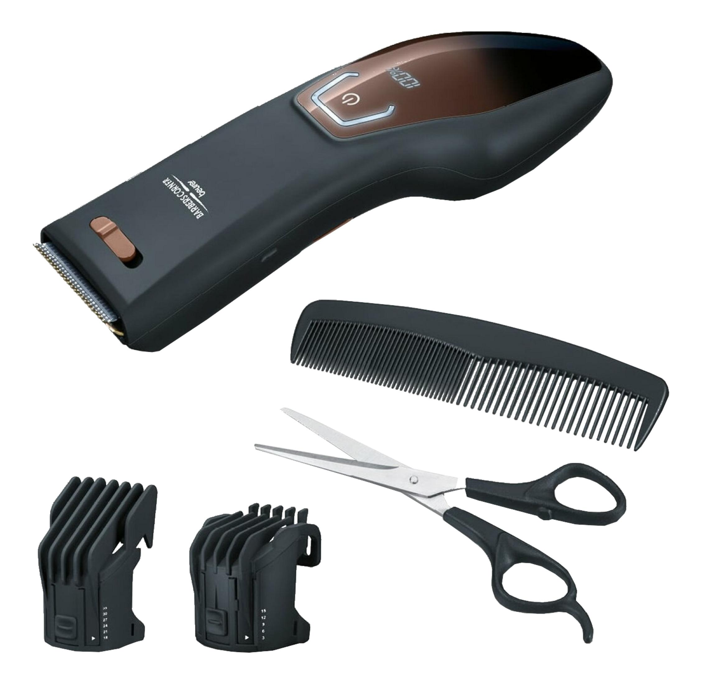 Ein Haarschneider-Set mit Schere, Kamm und Aufsätzen.