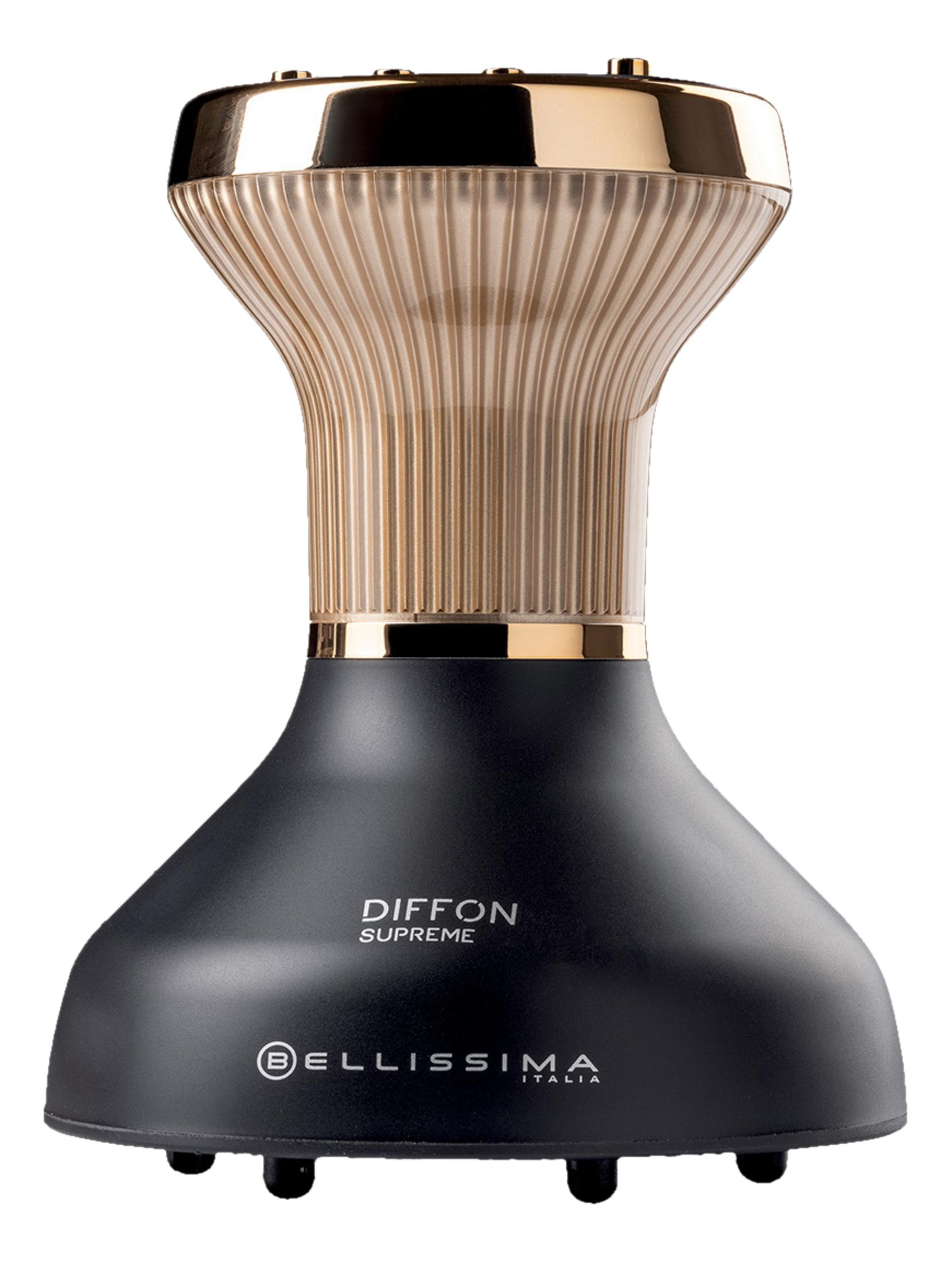 Czarny dyfuzor z złotą nasadką i szkłem prążkowanym.