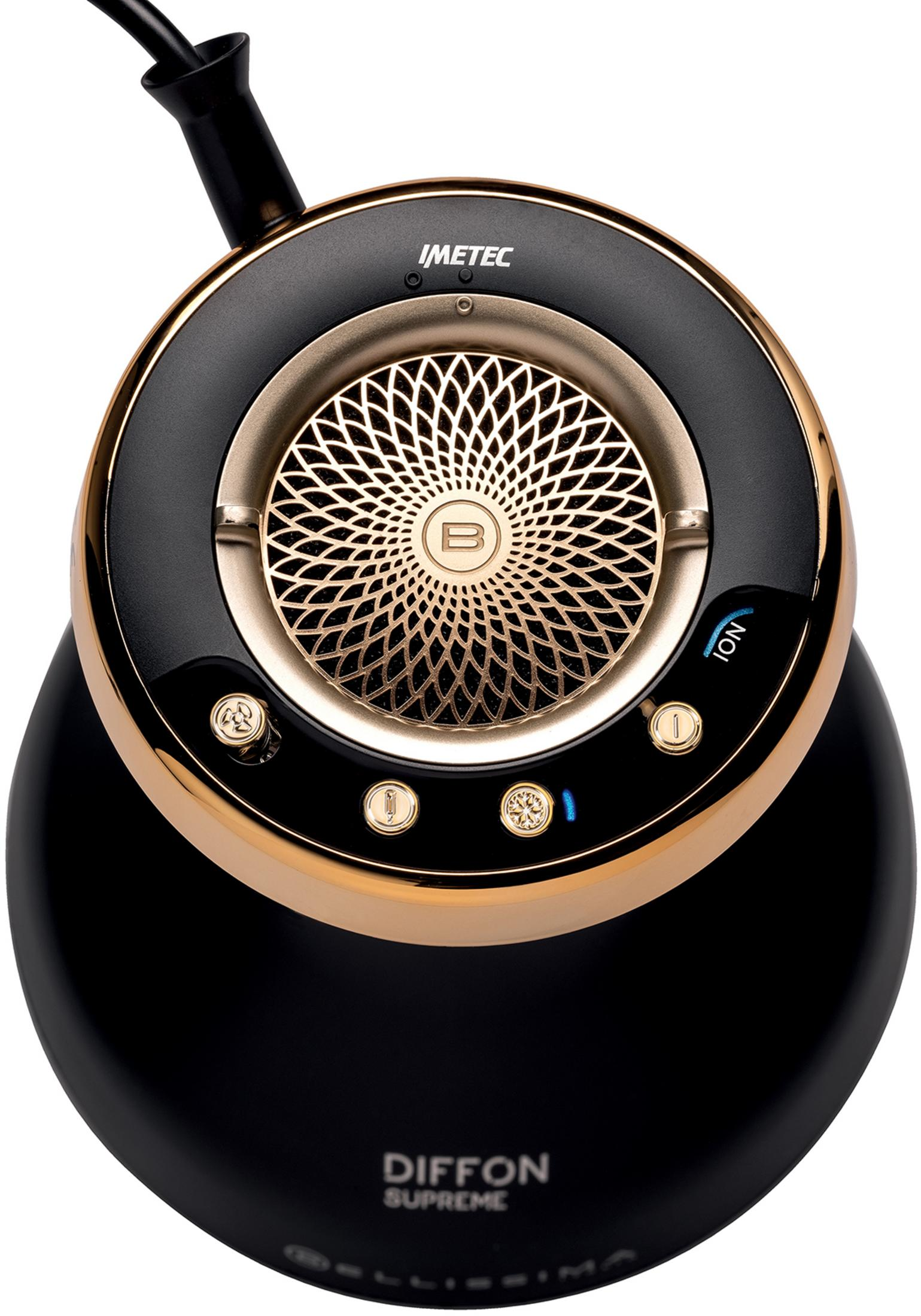 Czarny dyfuzor ze złotymi akcentami, logo Imetec i przyciskami sterowania.
