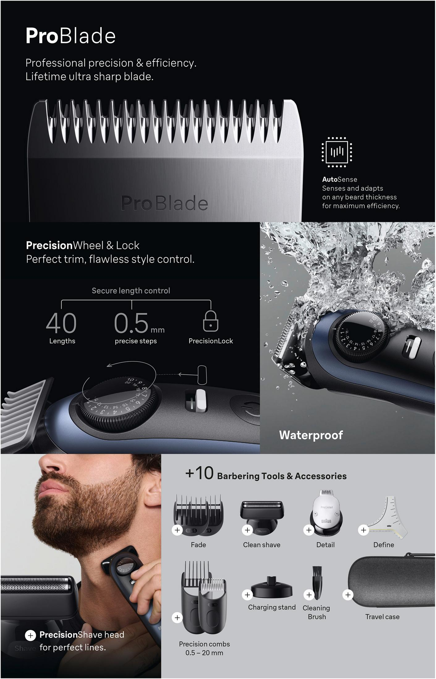 Trymer ProBlade z precyzyjnym kółkiem i blokadą jest wodoodporny.