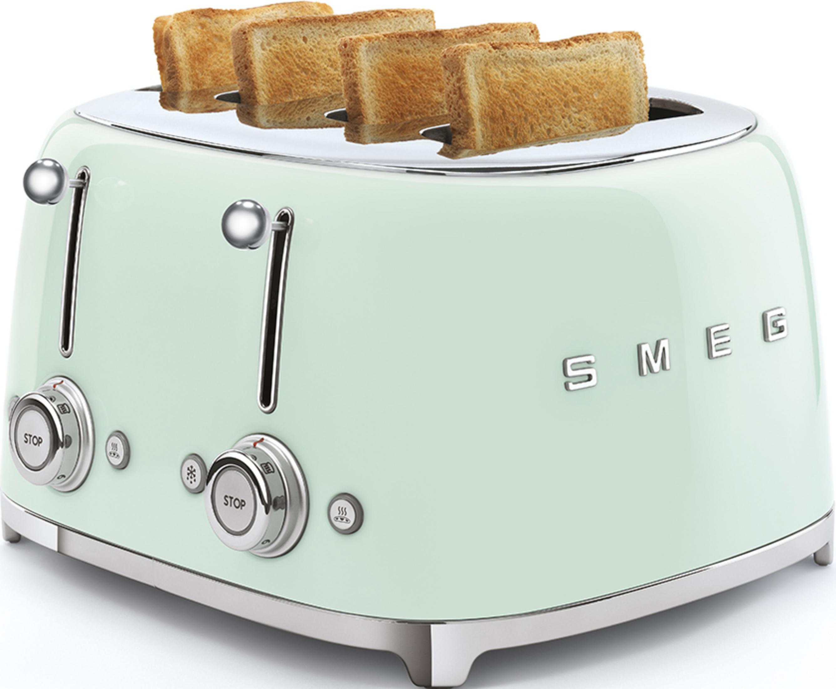 Ein hellgrüner SMEG-Toaster mit vier goldenen Toastscheiben.