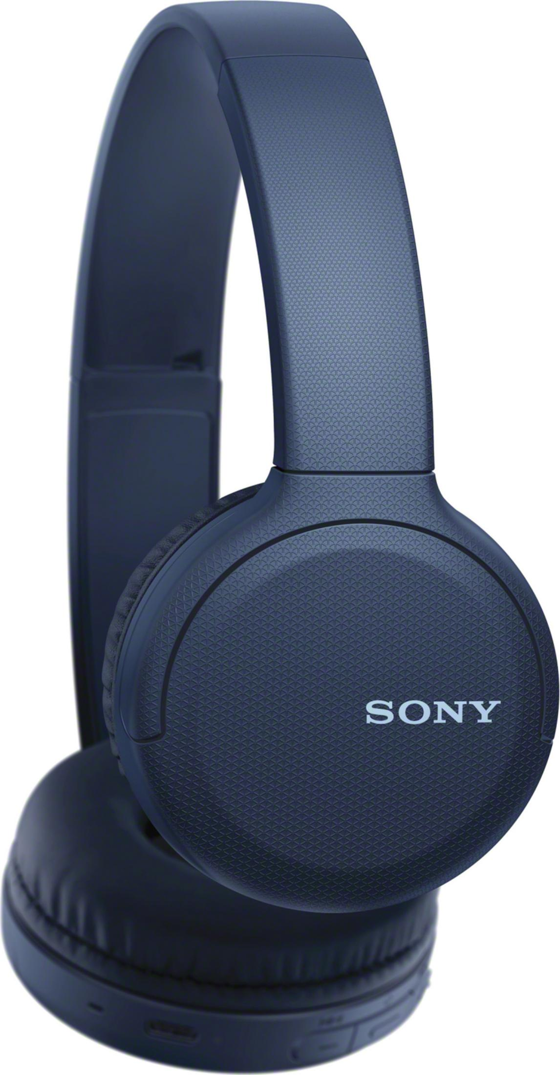Auriculares Sony azul oscuro con almohadillas y diadema ajustable.