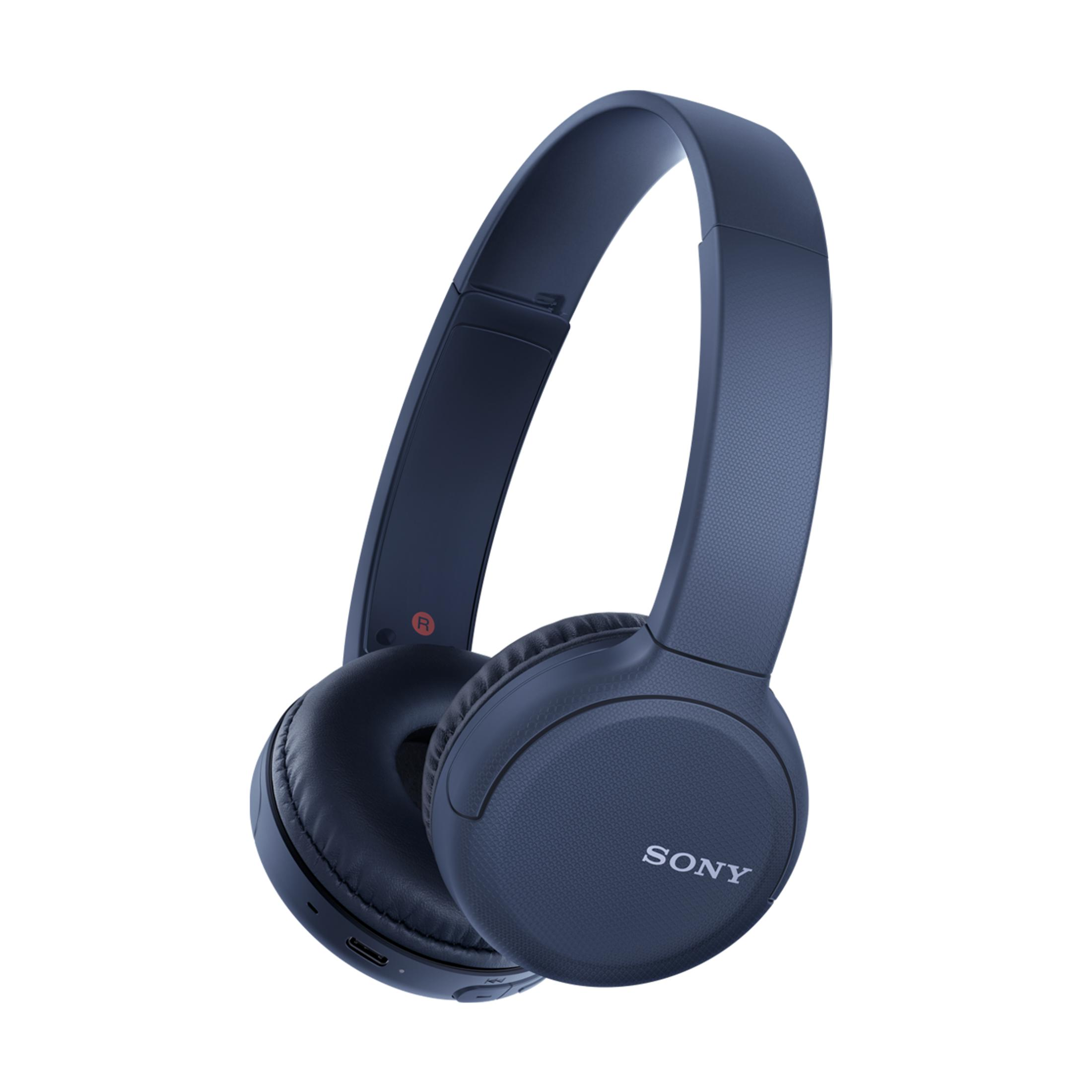 Auriculares Sony azul oscuro con almohadillas y diadema ajustable.