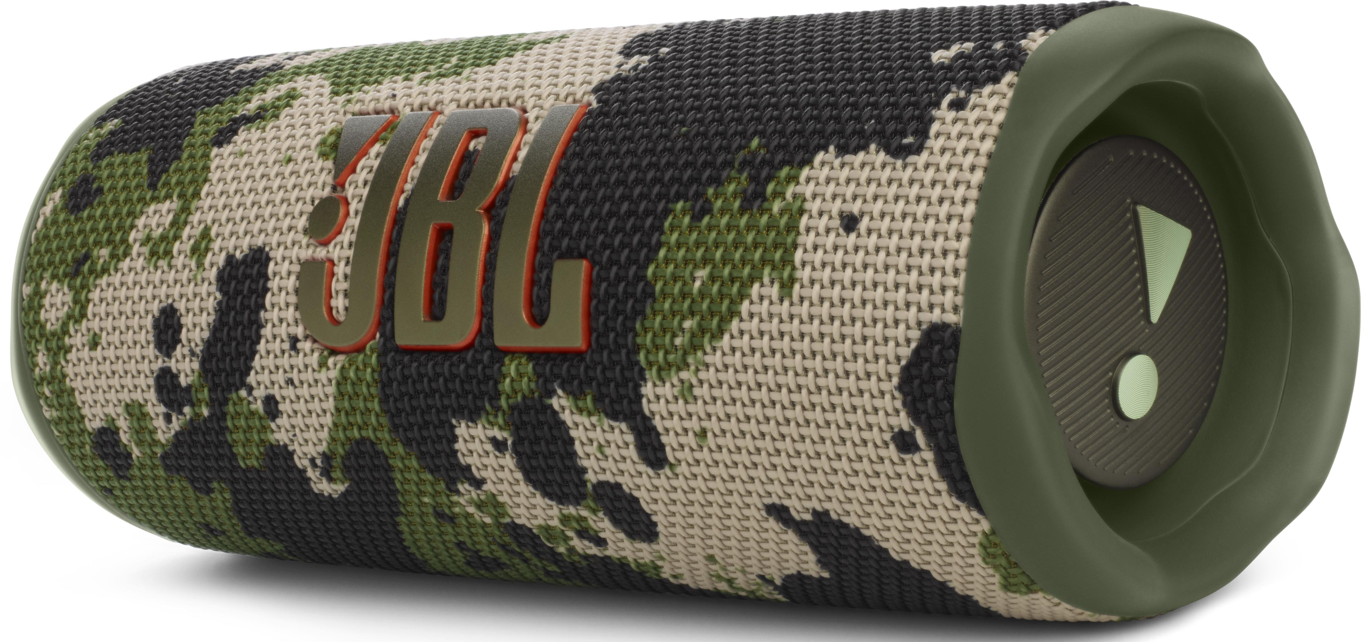 Un altavoz portátil JBL en camuflaje con el logo de JBL en el frente.