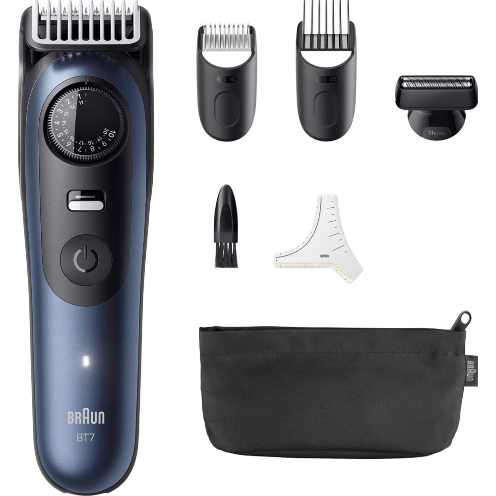 Niebieska maszynka do brody Braun z nasadkami, głowicą golącą, szczoteczką i etui.
