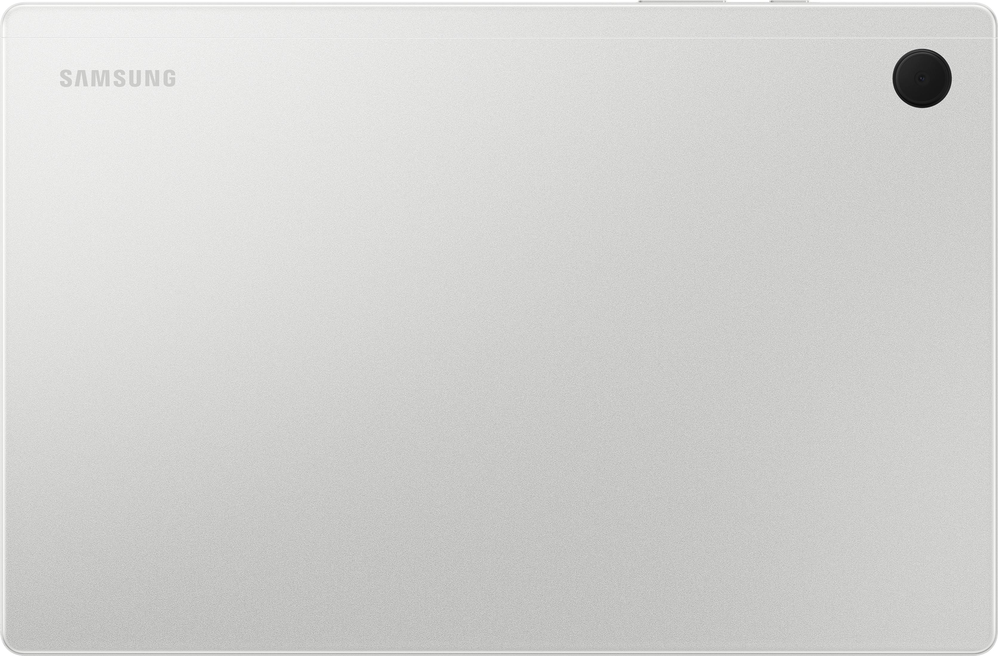 Tył srebrnego tabletu Samsung z aparatem w prawym górnym rogu.