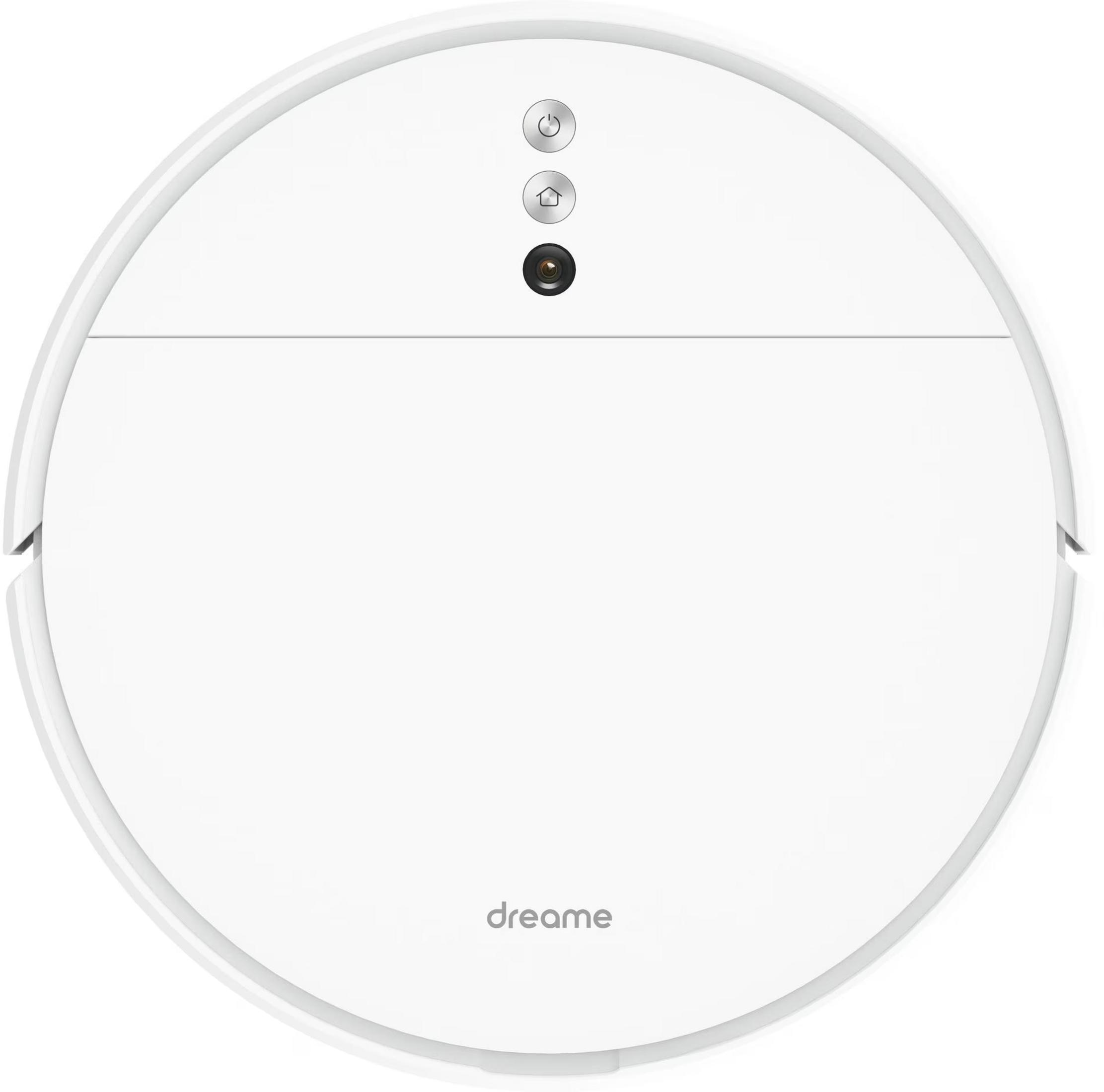 Un robot aspirador blanco con iconos de encendido, inicio y cámara.
