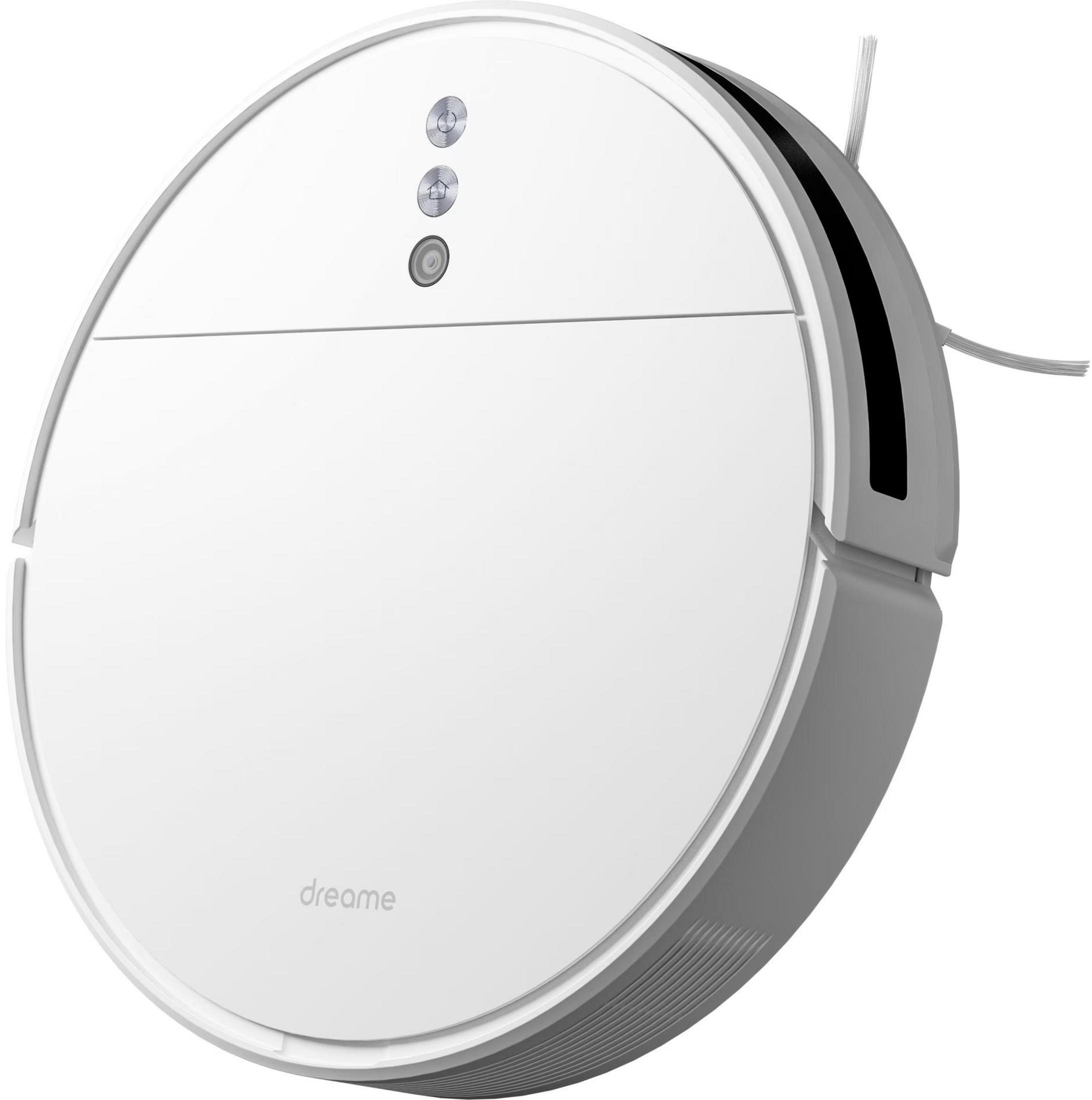Un robot aspirador blanco con tres botones y cepillos.