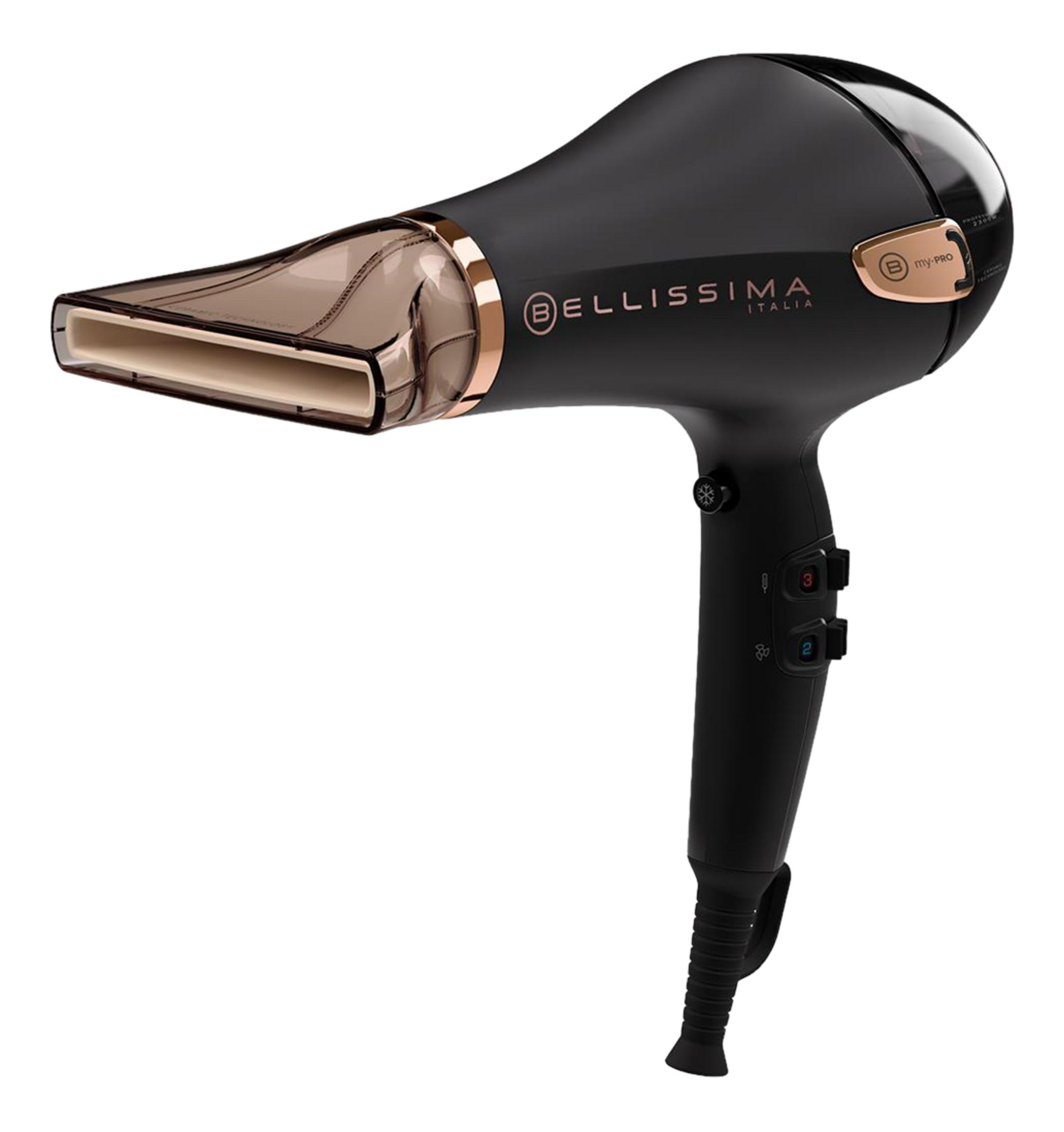 Czarna suszarka do włosów z miedzianymi akcentami i wąską dyszą.