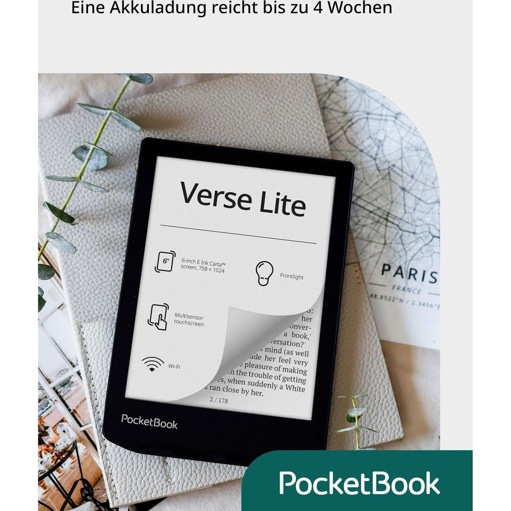 Czarny czytnik e-booków z 6-calowym ekranem wyświetla "Verse Lite" i tekst.