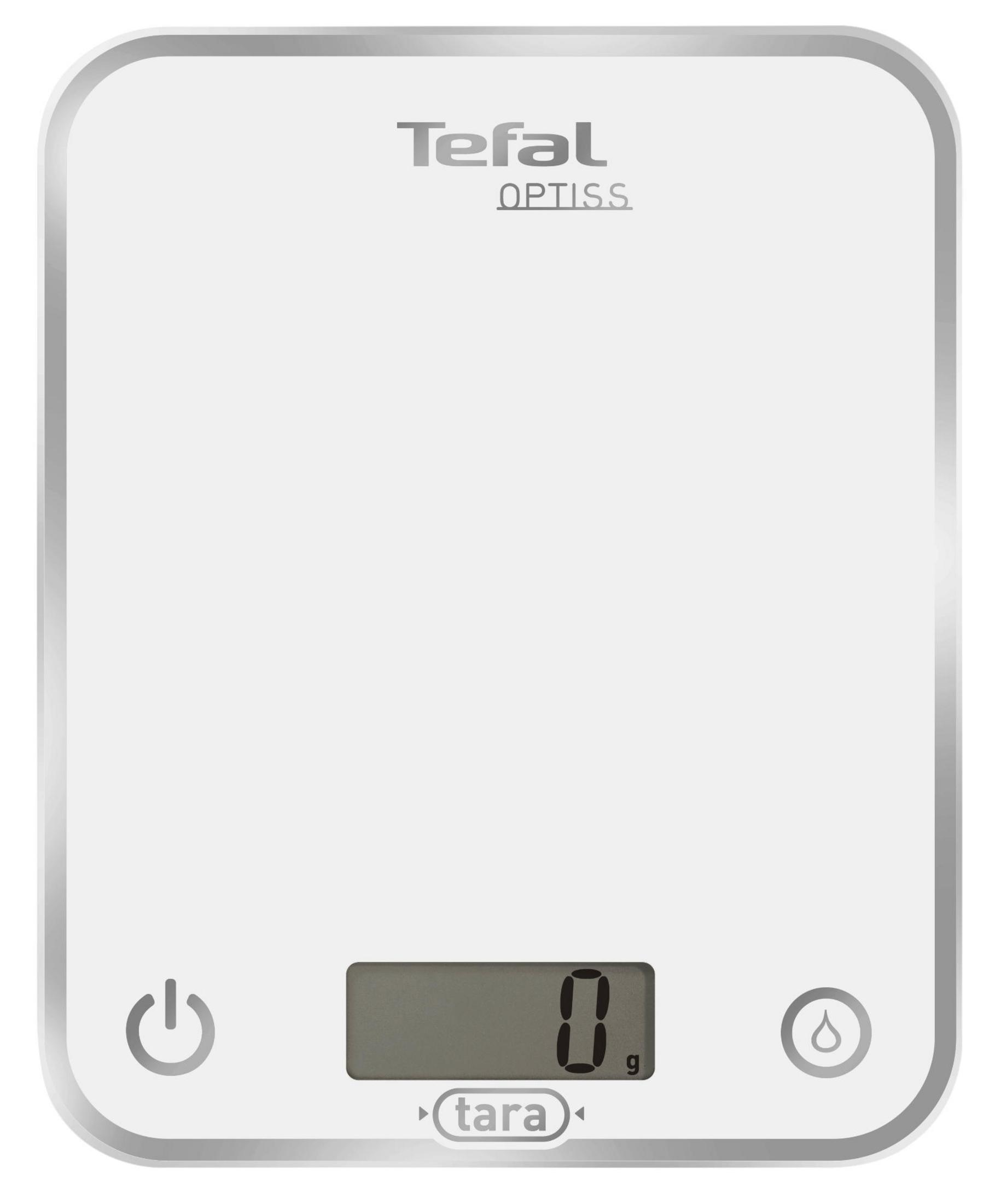 Biała cyfrowa waga kuchenna pokazująca "0g" z ikoną zasilania.