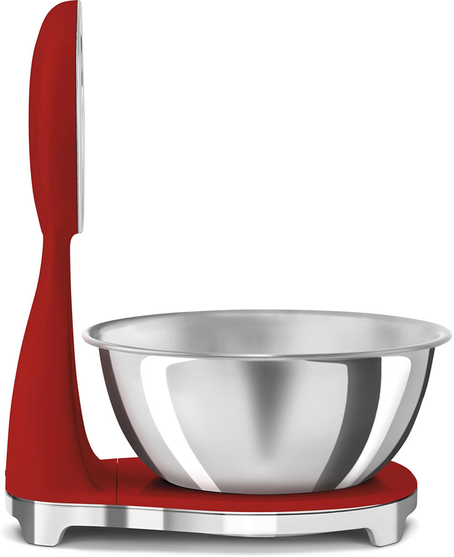 Czerwony mikser stojący z misą ze stali nierdzewnej.