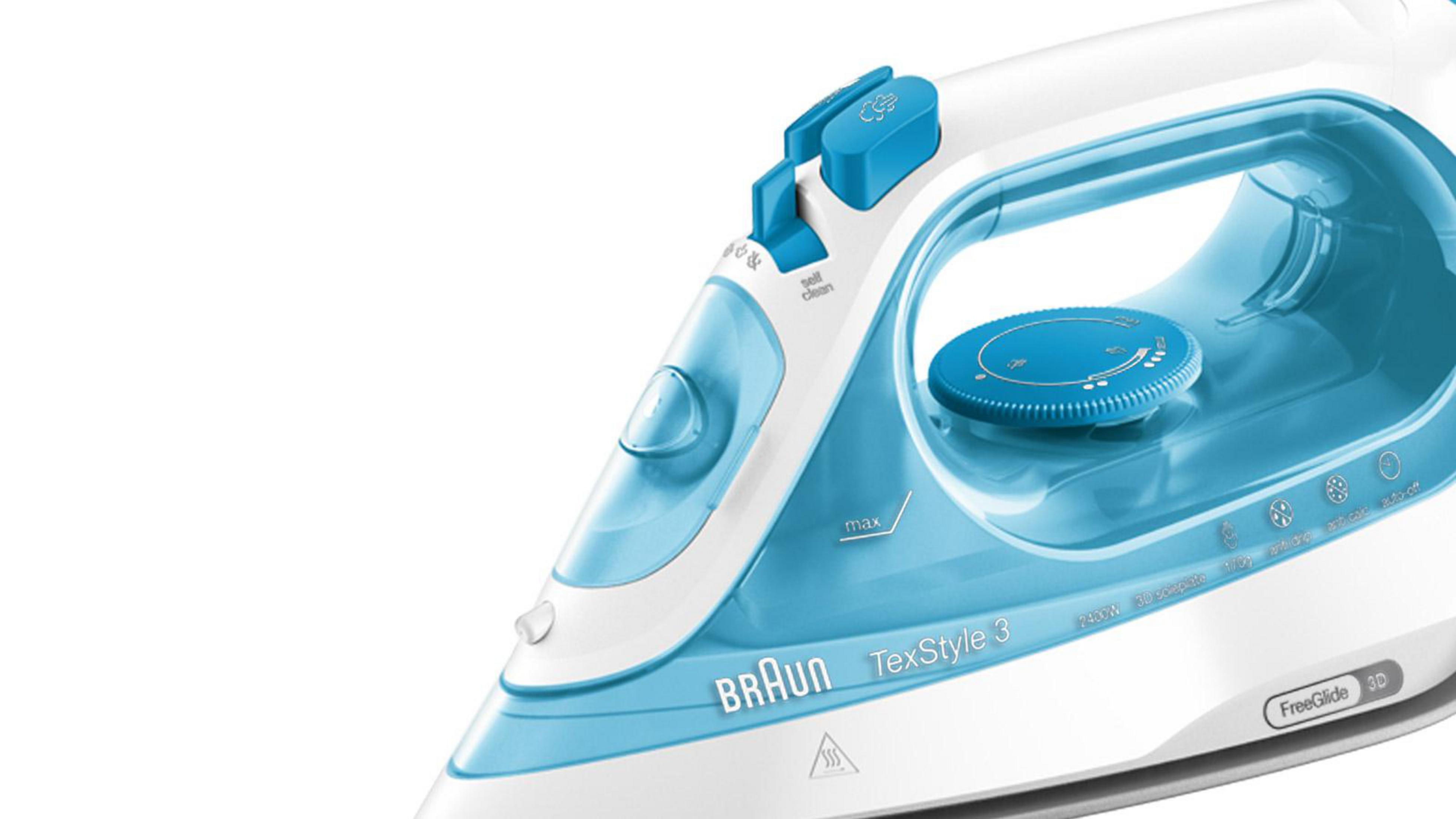 Ein blauer und weißer Braun TexStyle 3 Bügeleisen auf weißem Hintergrund.