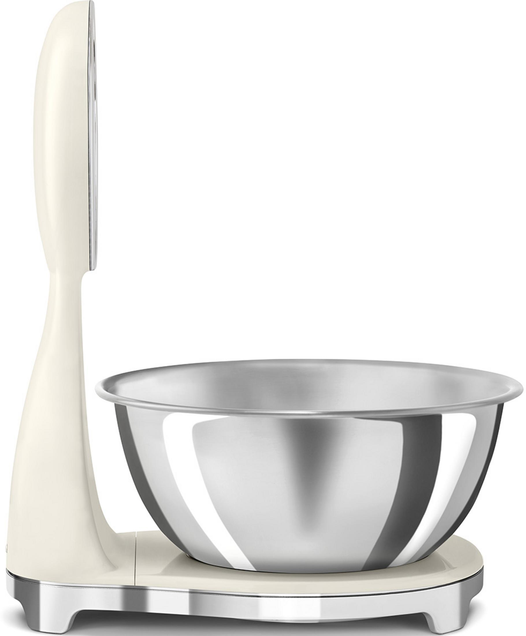 Kremowy mikser stojący z misą ze stali nierdzewnej.