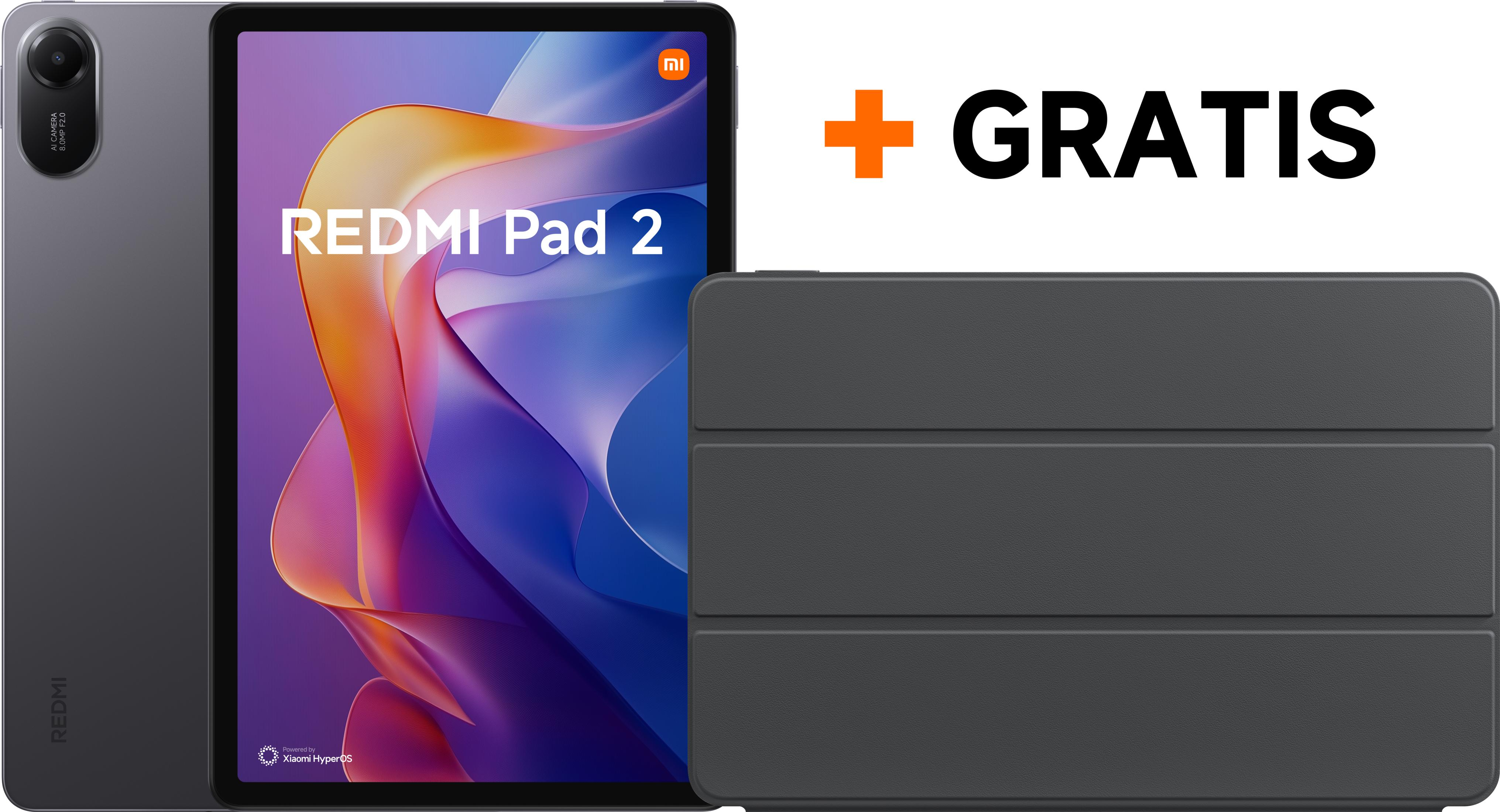 Graues Tablet mit Hülle und Aufdruck "+ GRATIS REDMI Pad 2".