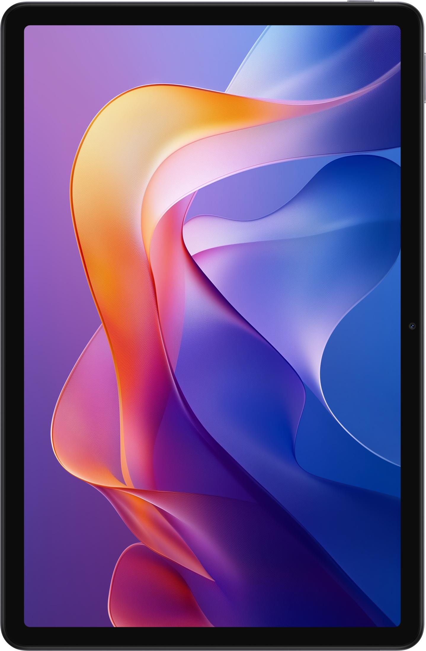 Ein Tablet mit einem abstrakten, bunten Hintergrund in Orange, Lila und Blau.